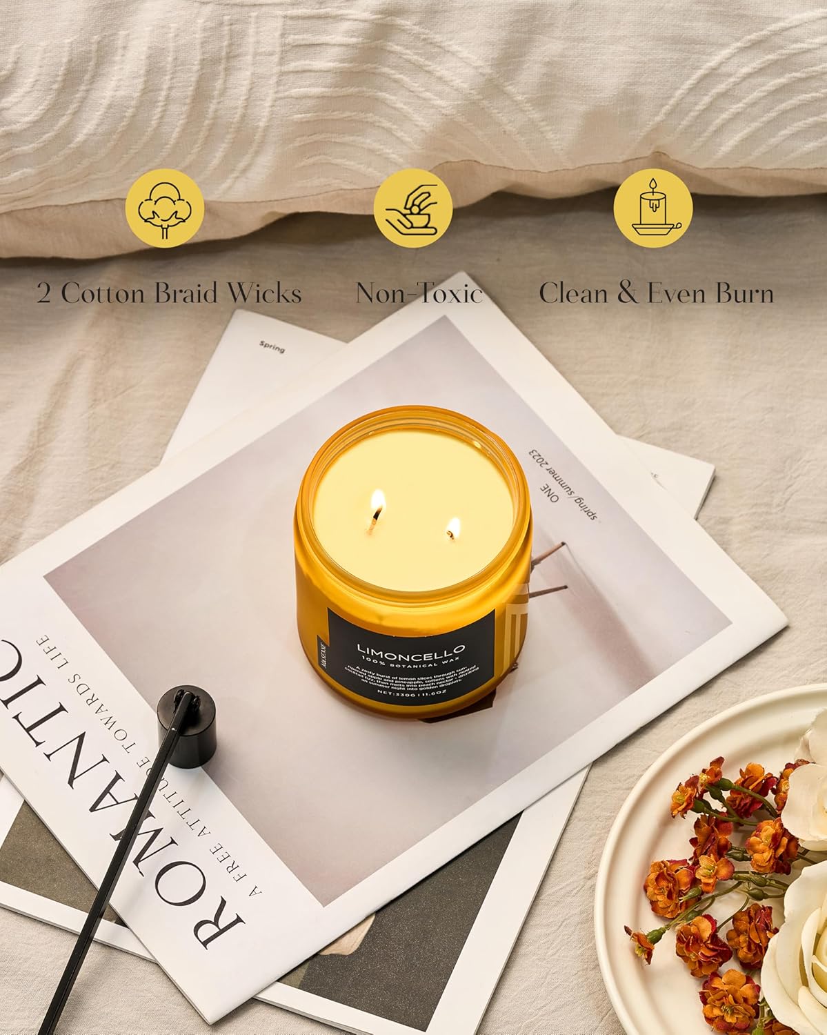 M&SENSE Limocello Scented Candle - 11.6oz Natural Soy Wax Non Toxic 70-Hour Slow Burning 2-Wick