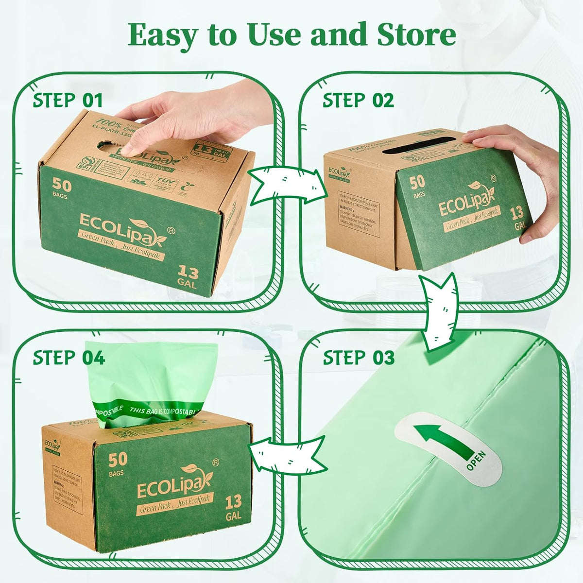 ECOLipak 13 Gallon Compostable Trash Garbage Bags, 50 Count (1 Roll) Biodegradable Heavy Duty
