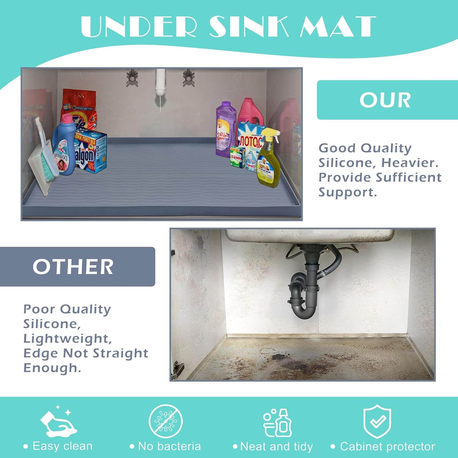 URMONA Waterproof Silicone Under Sink Mat 22'' x 14'' Shelf Liner for Kitchen and Bathroom, Cabinet