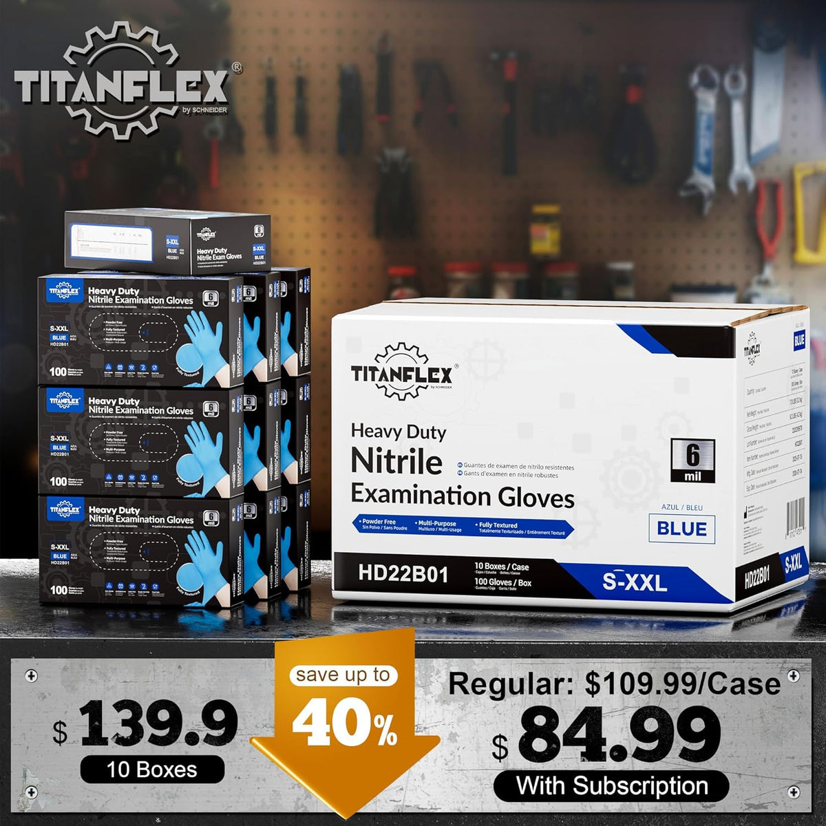 TitanFlex Heavy-Duty Blue Nitrile Gloves, 6-mil, Fully Textured, Mechanic Disposable Gloves