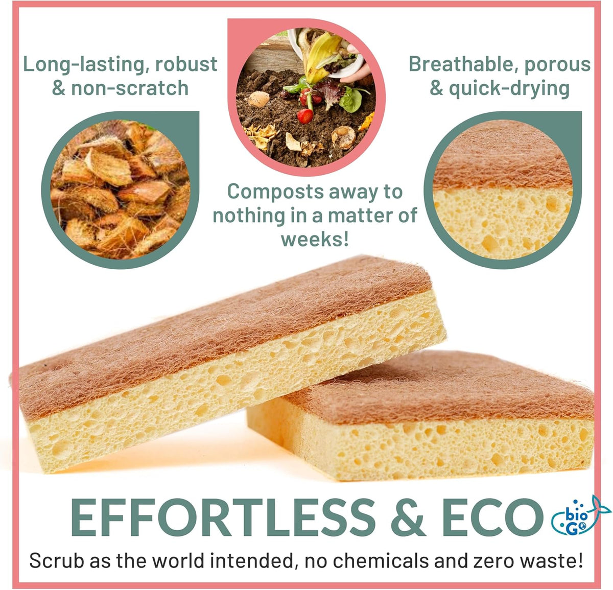 bioGo 24 Pack Biodegradable Kitchen Sponges - Eco-Friendly, Compostable, Natural Cellulose Dish