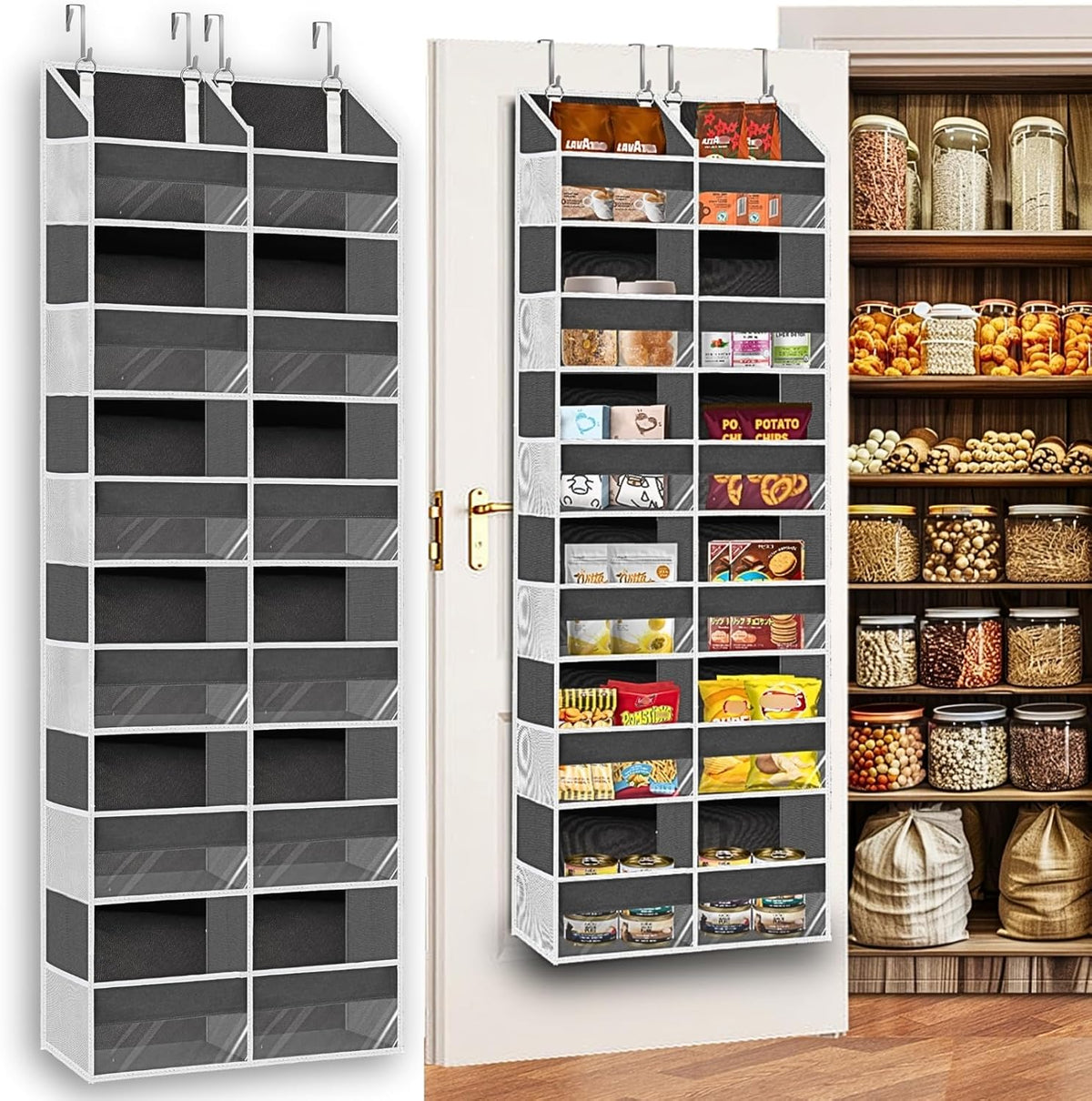 Over the Door Organizer 6 Tiers, Extra Large Behind Door Storage of 12 Compartments, 80 lbs Weight