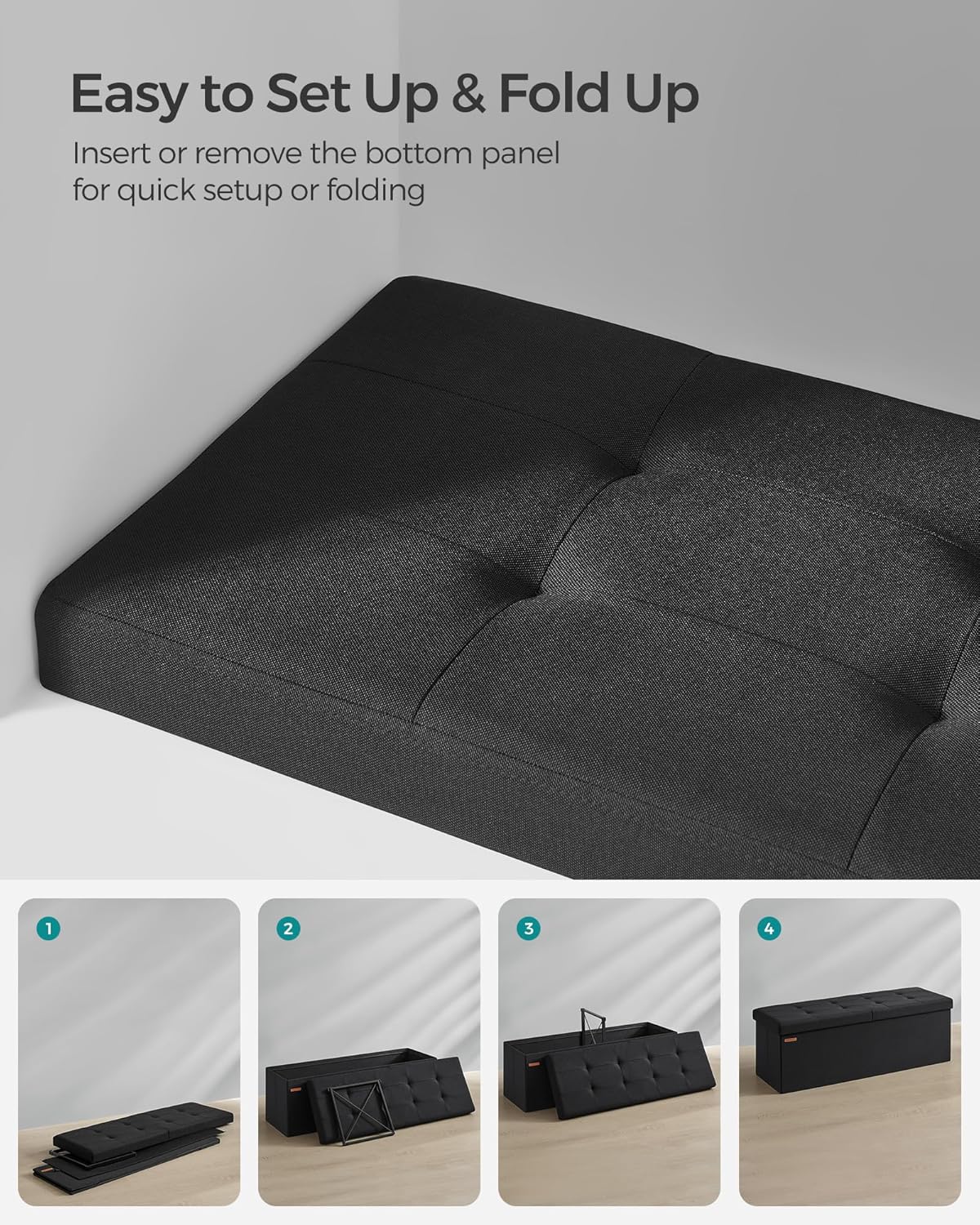 SONGMICS Mazie Collection - 43 Inches Storage Ottoman, Foldable Storage Bench with Flipping Lid