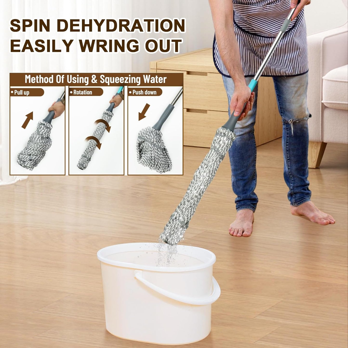 Self Wringing Mop - Easy Squeeze Twist Mop with 52.5 Inch Long Handle, Heavy Duty for Hardwood