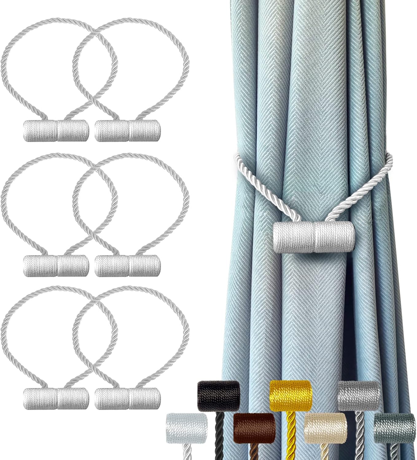 Hion Magnetic Curtain Tiebacks White 6 Pack, Curtain Tiebacks Buckles Holdbacks Holders Hooks Clip
