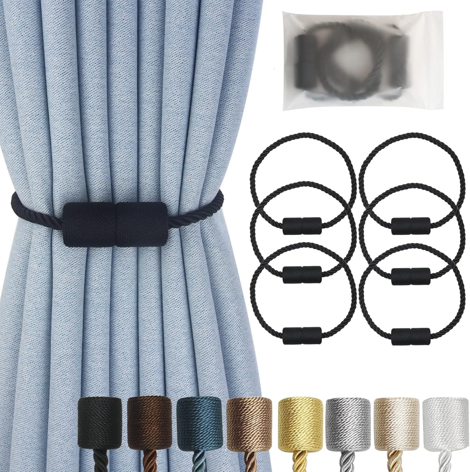 Magnetic Curtain Tiebacks 6 Pack Black Curtain Rope Tieback Curtain Holders for Drapes Modern Tie