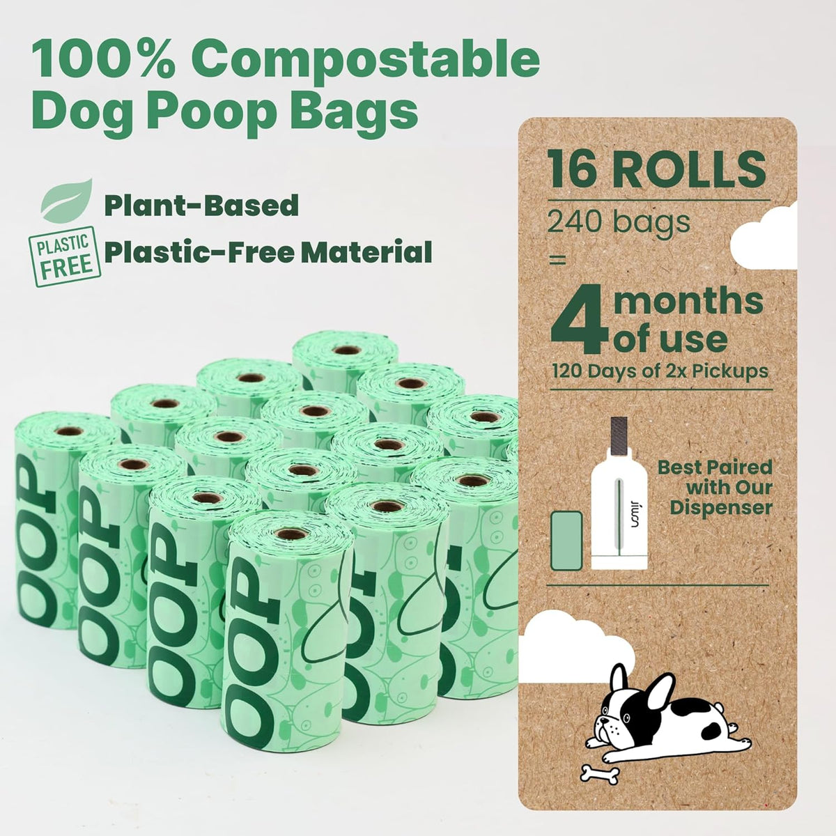 JIWON 100% Certified Home Compostable Dog Poop Bags, 240 Count (16 Rolls), 9"x13", OK Compost &