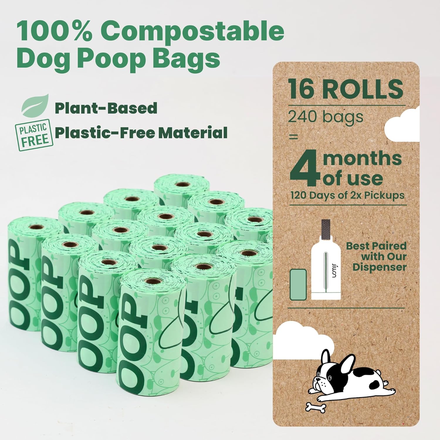JIWON 100% Certified Home Compostable Dog Poop Bags, 240 Count (16 Rolls), 9"x13", OK Compost &