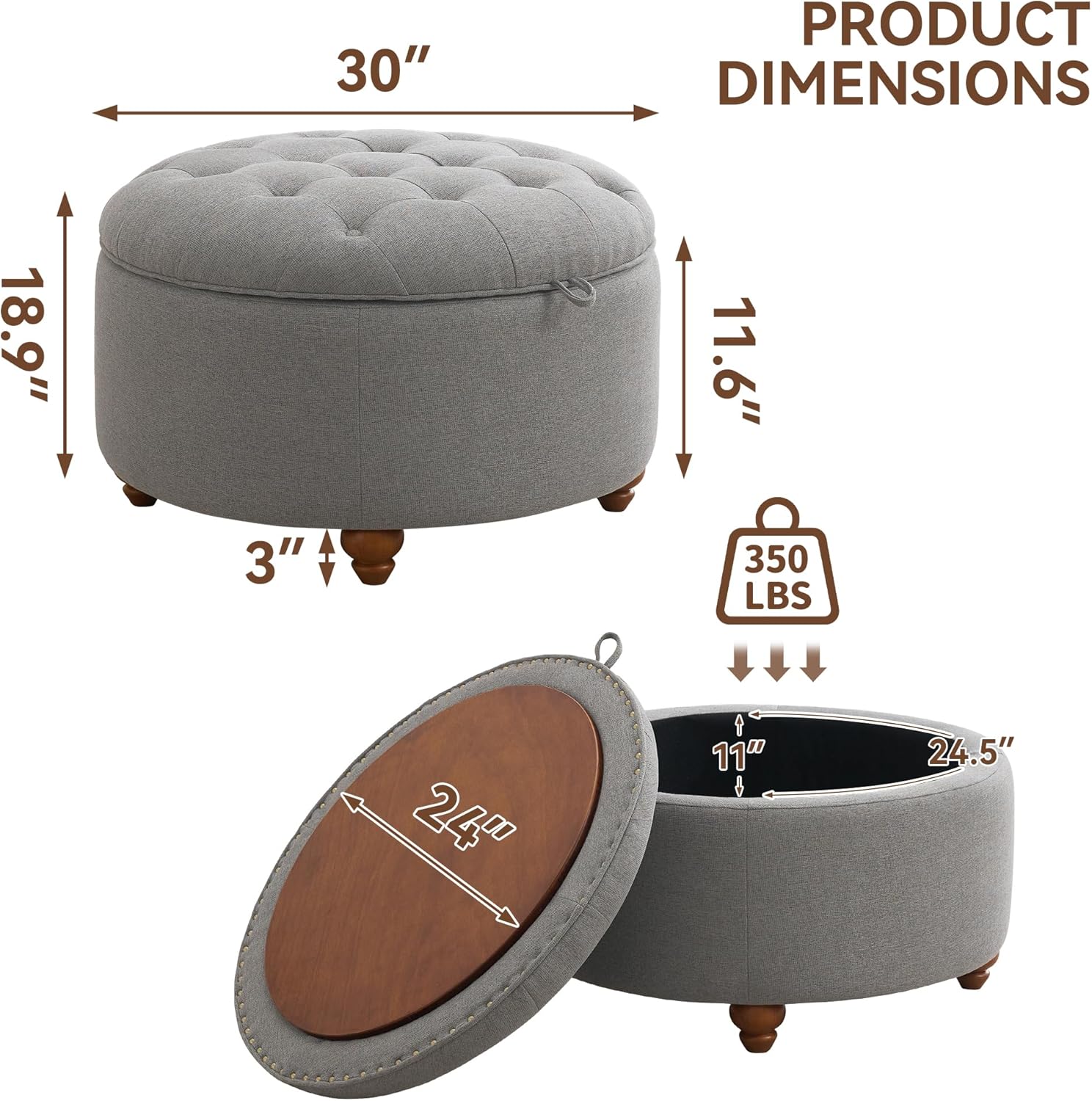30Inch Round Storage Ottoman with Tray, Modern Tufted Fabric Circle Coffee Table with Storage