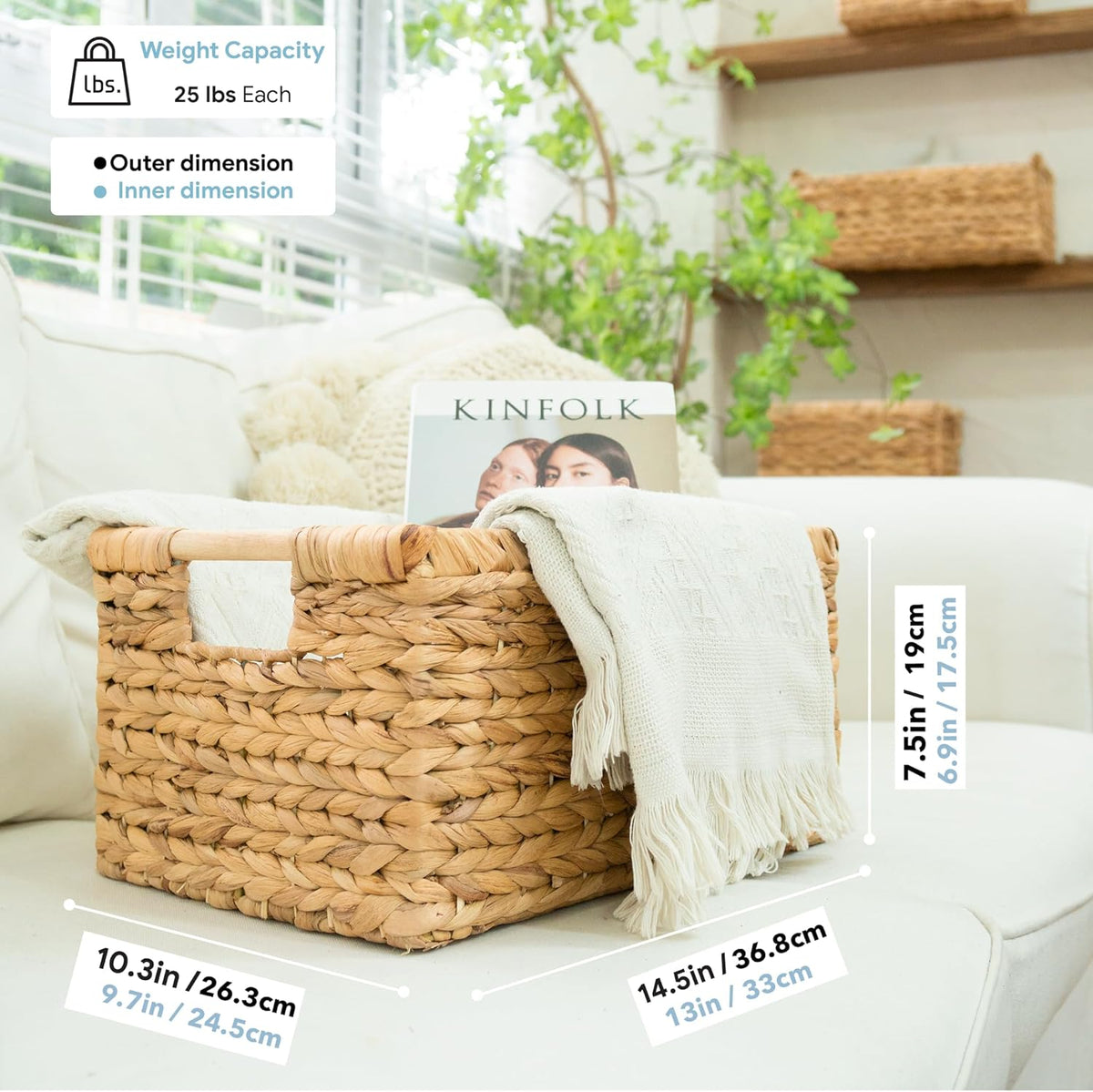 VATIMA Large Rectangular Wicker Basket with Wooden Handles for Shelves and Storage - Natural Water