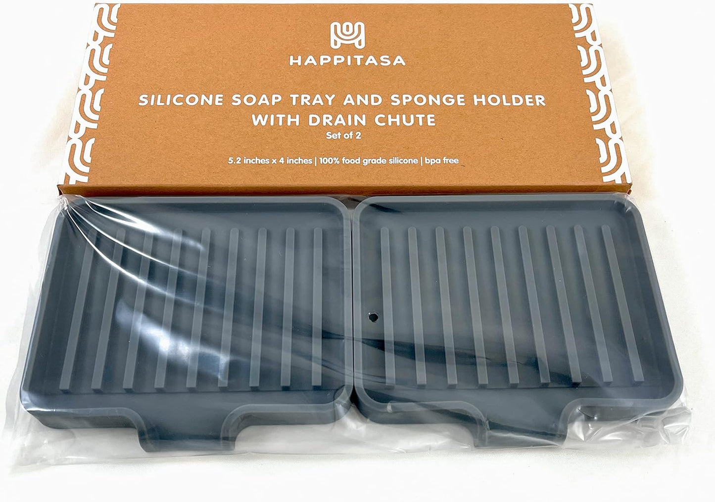 Happitasa Silicone Soap Dish Tray and Sponge Holder with Drain Chute, Pack of 2 | Bathroom and
