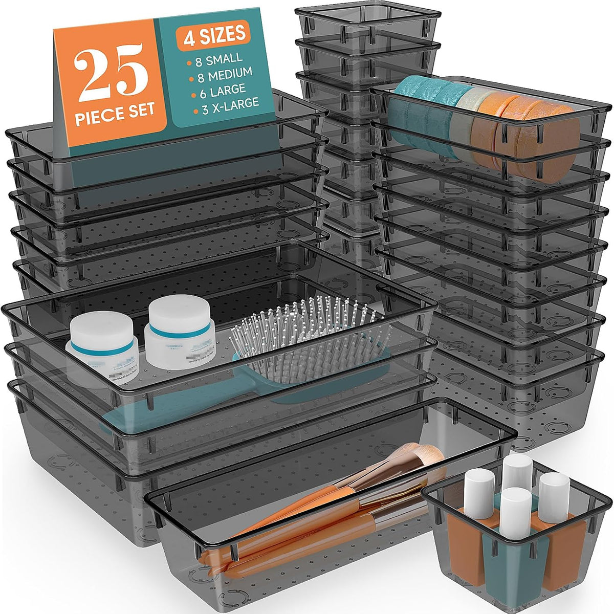 WOWBOX 25 PCS Plastic Drawer Organizer Set, Desk Drawer Divider Organizers and Storage Bins for