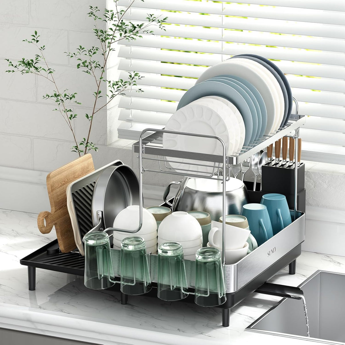 SUNLY 2 Tier Dish Drying Rack, Extra Large Dish Rack, Expandable Dish Racks for Kitchen Counter