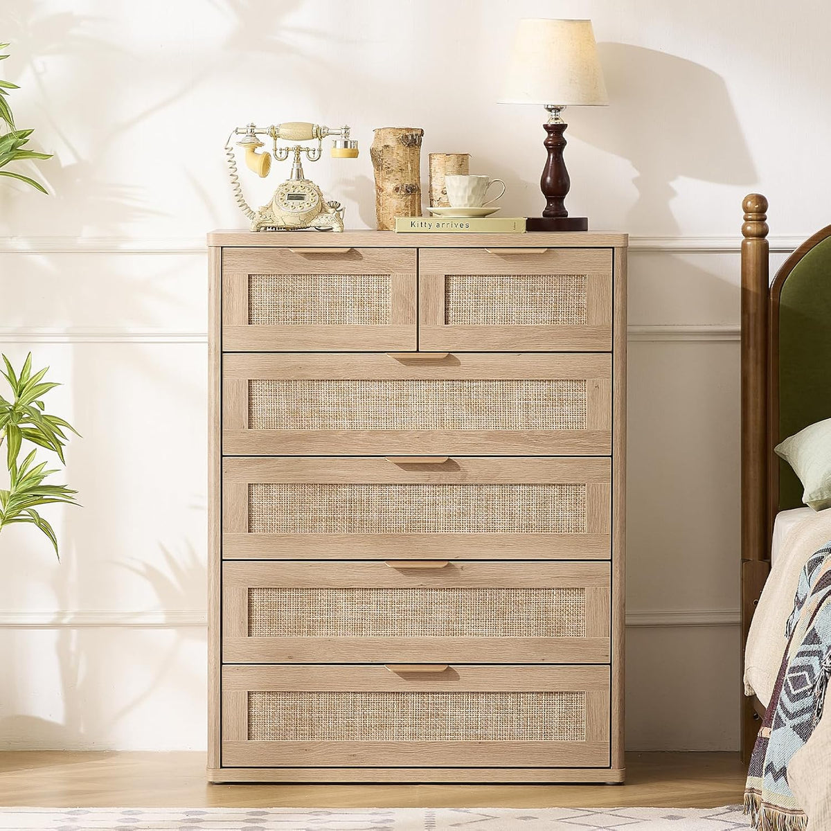 LEYAOYAO Rattan Dresser for Bedroom, 42" Tall Chest of Drawers, Modern 6 Drawers Boho Dressers with