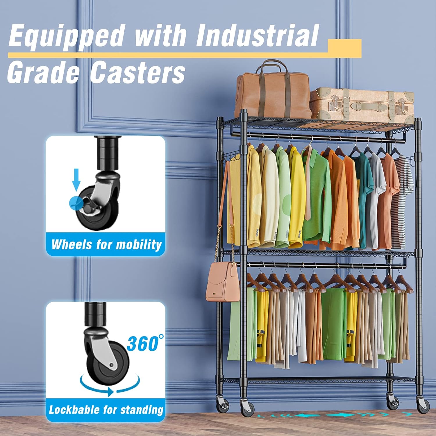 Homdox Rolling Garment Rack with Double Rod, Heavy Duty Clothing Rack with Shelves, Portable