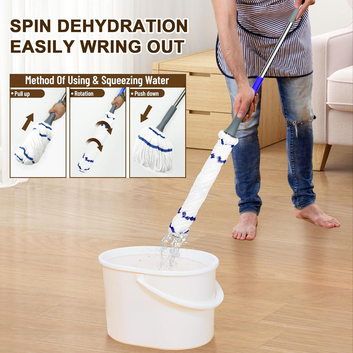 Self Wringing Floor Cleaner with 52.5 Inch Long Handle, Heavy Duty Wet Mop for Hardwood, Tile
