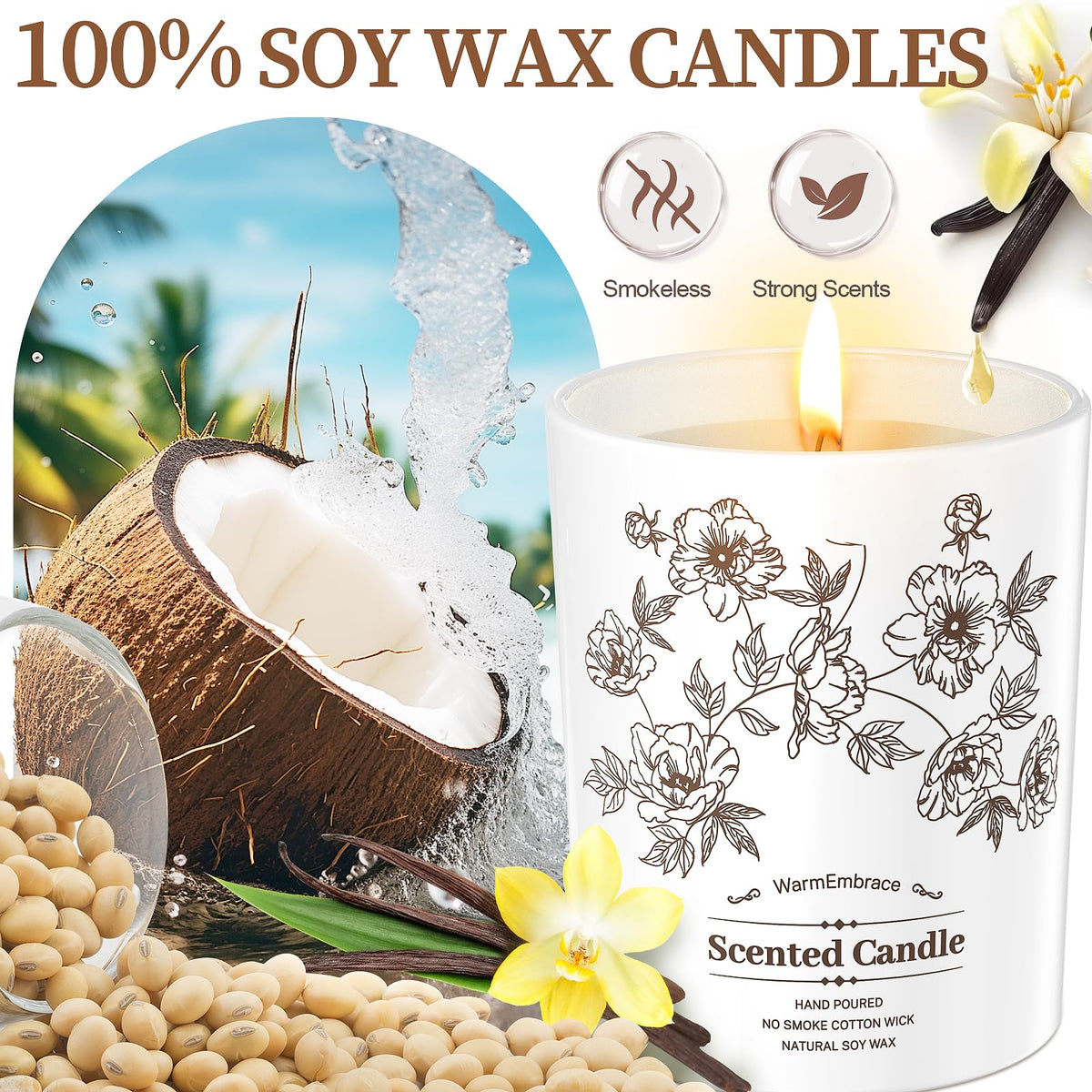 WarmEmbrace Deluxe Scented Candle for Women & Men, Vanilla Coconut, 8 Oz