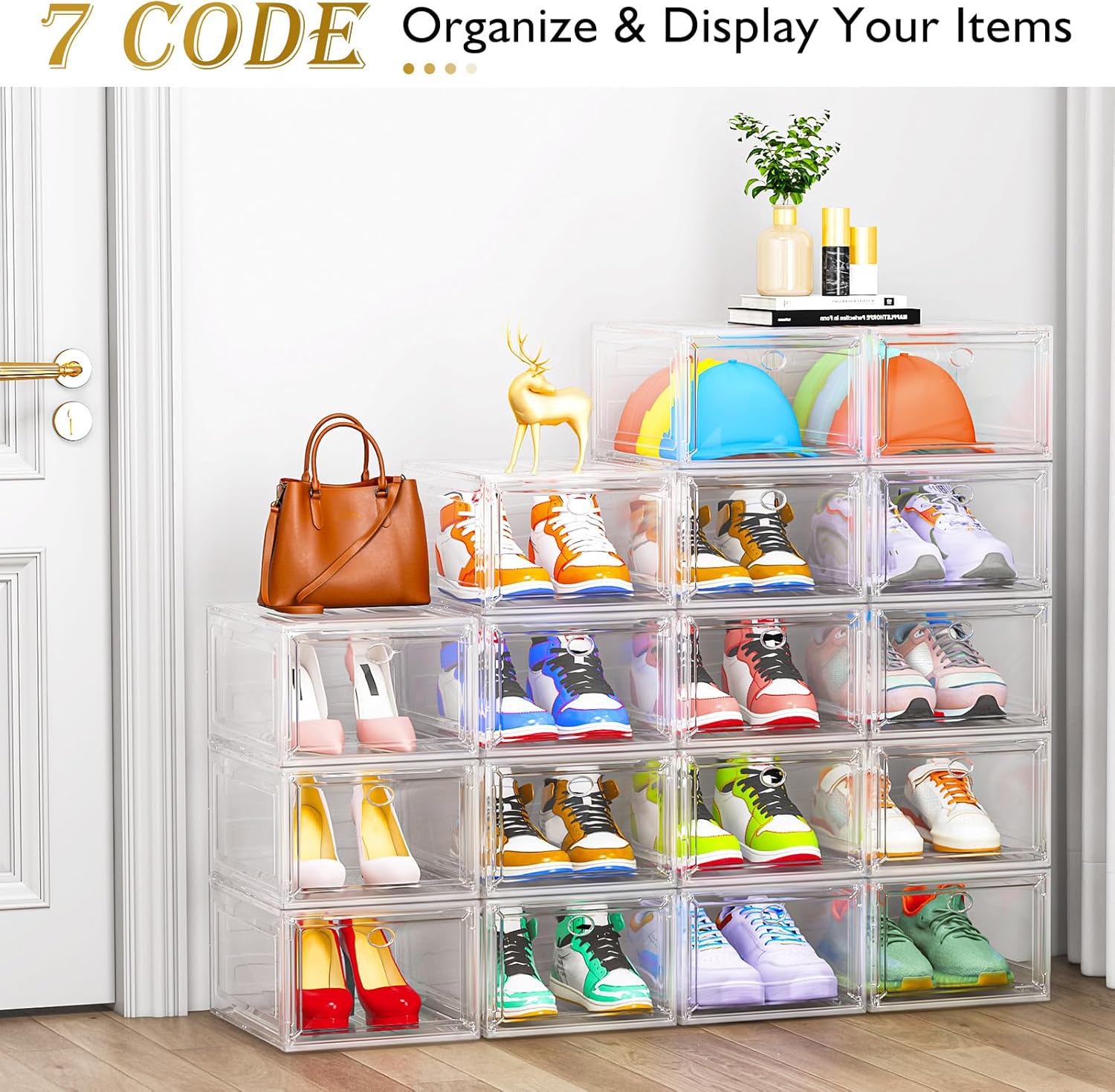 Thicken & Sturdy Clear Shoe Storage Organizer with Magnetic Door, Stackable Boxes for Closet