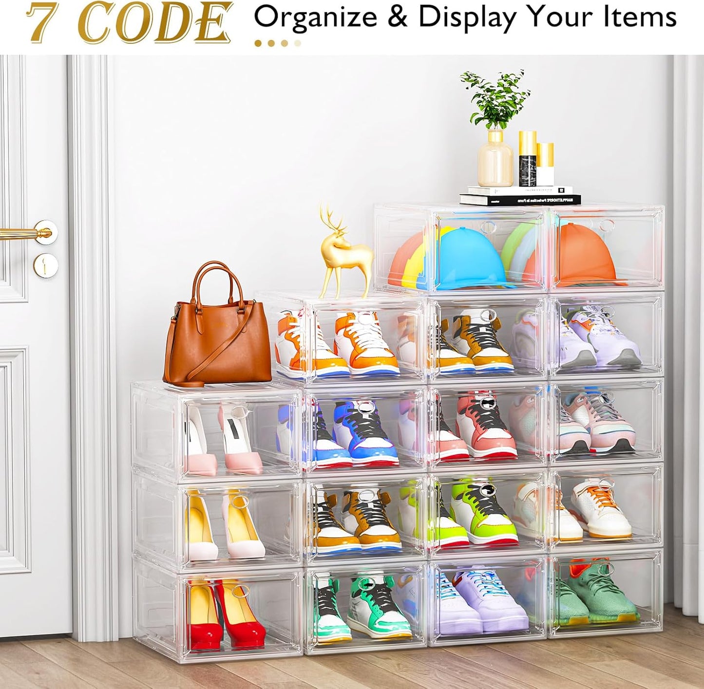 7 code Large Clear Shoe Boxes Organizer【Thicker Material】 Stronger Shoe Box with Magnetic Door