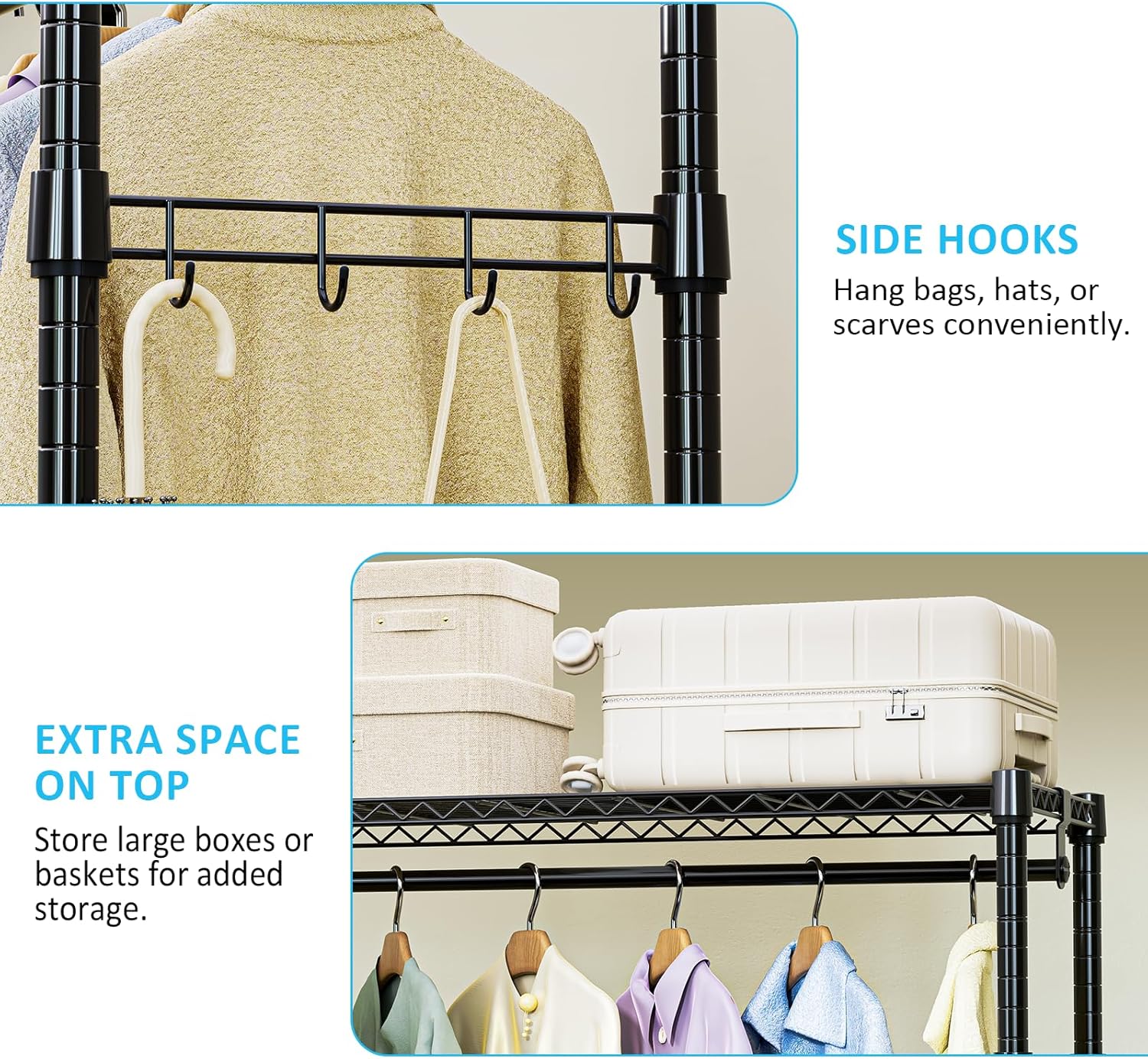 IZEUK Heavy Duty Rolling Garment Rack with 3 Adjustable Wire Shelves, Hanging Rod & Side Hooks