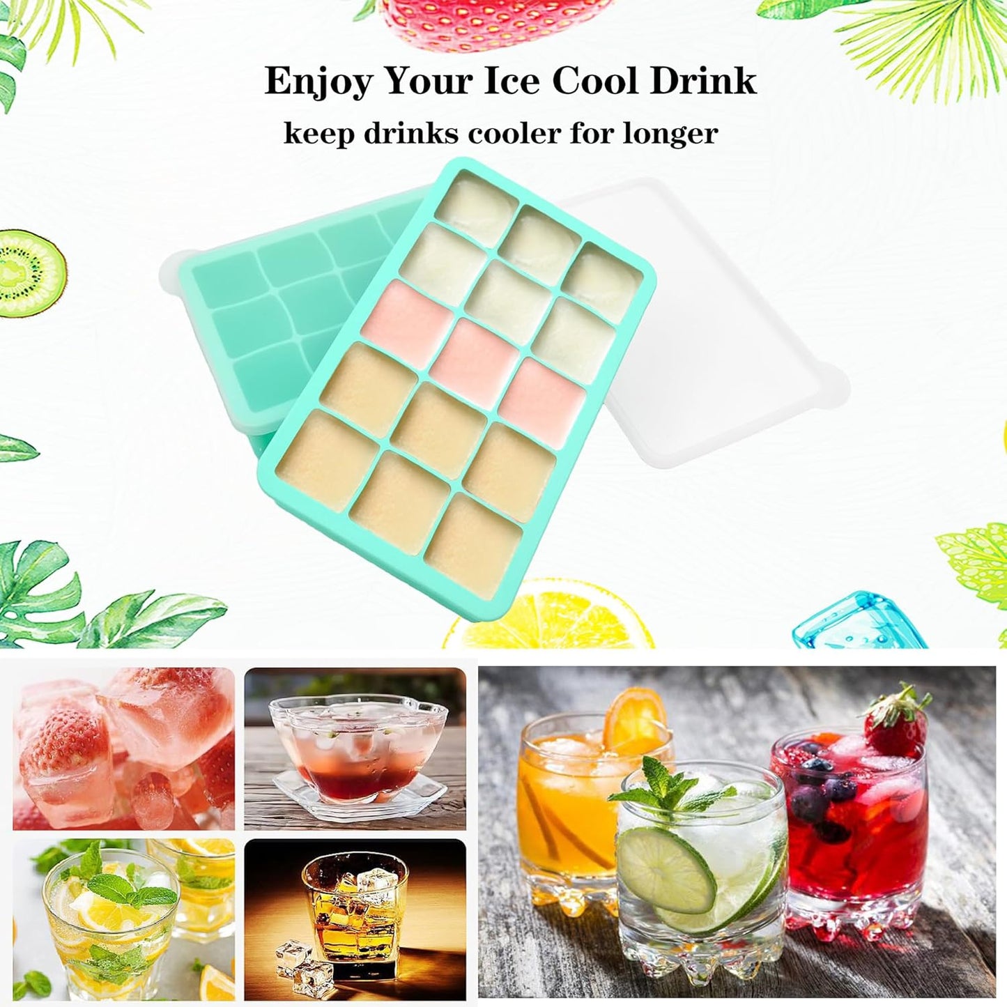 2 Pack Silicone Ice Cube Trays, Easy Release Flexible-15 Cubes Ice Cube Molds,Silicone Ice Cube
