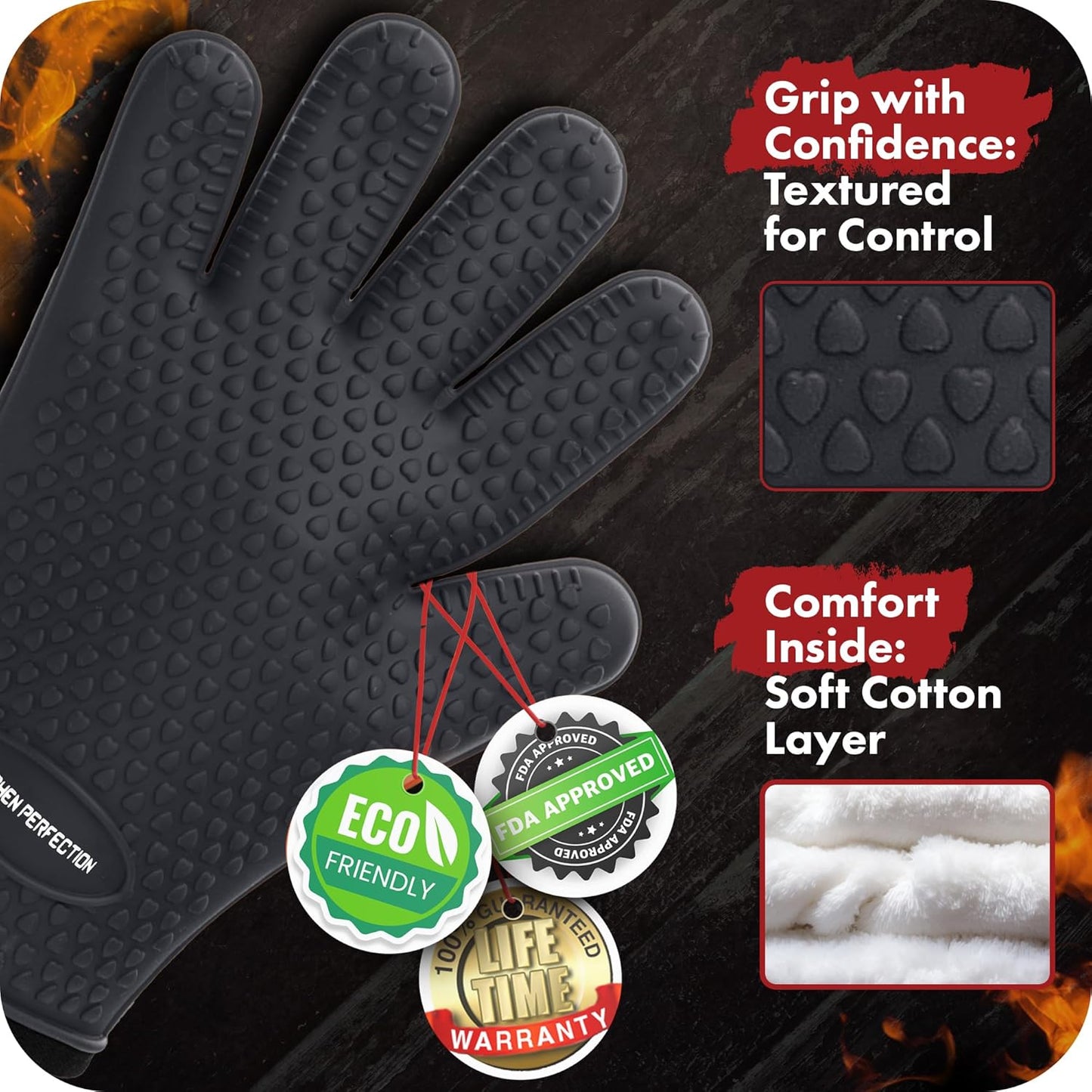 KITCHEN PERFECTION Silicone Smoker Oven Gloves-Extreme Heat Resistant BBQ Gloves-Handle Hot Food
