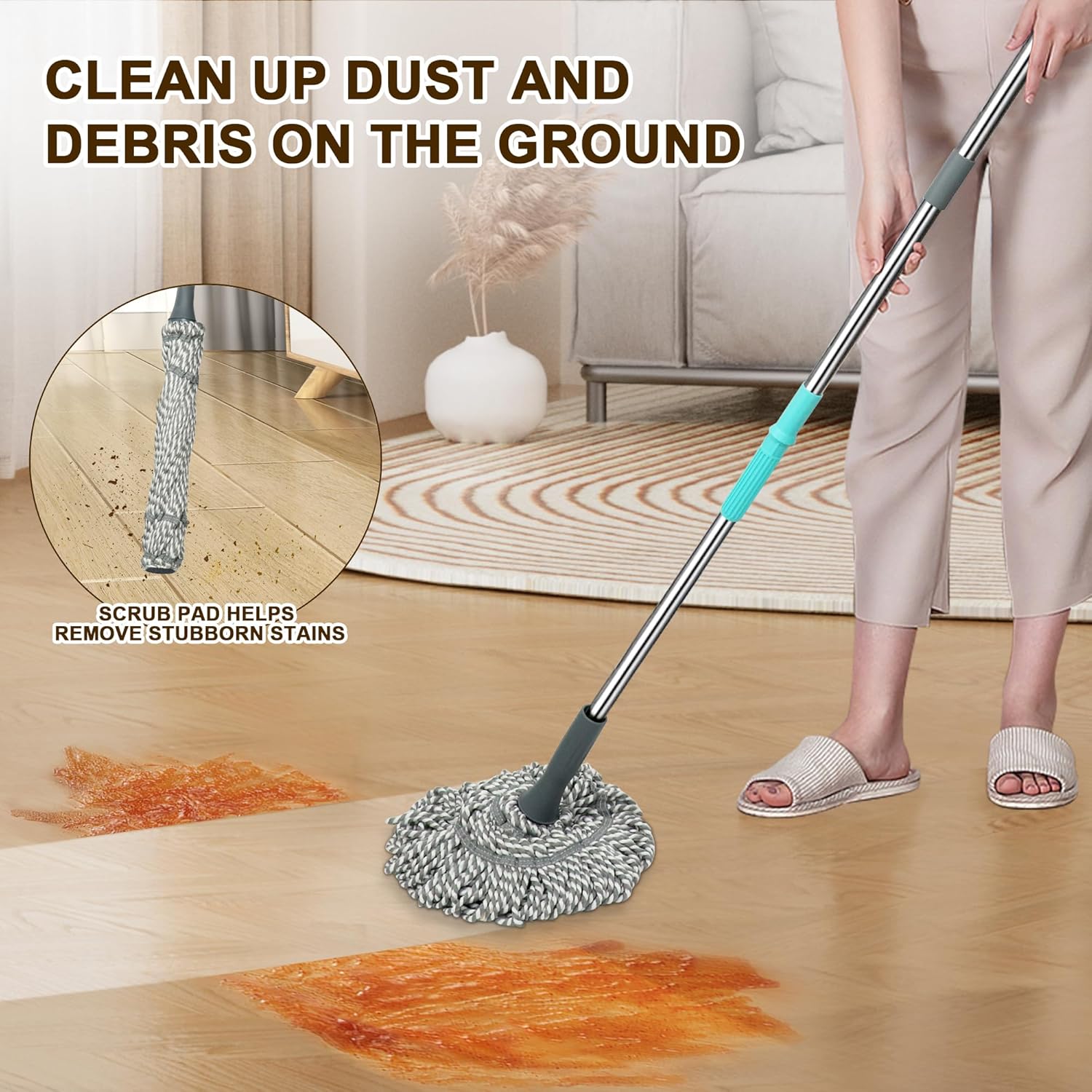 Self Wringing Mop - Easy Squeeze Twist Mop with 52.5 Inch Long Handle, Heavy Duty for Hardwood