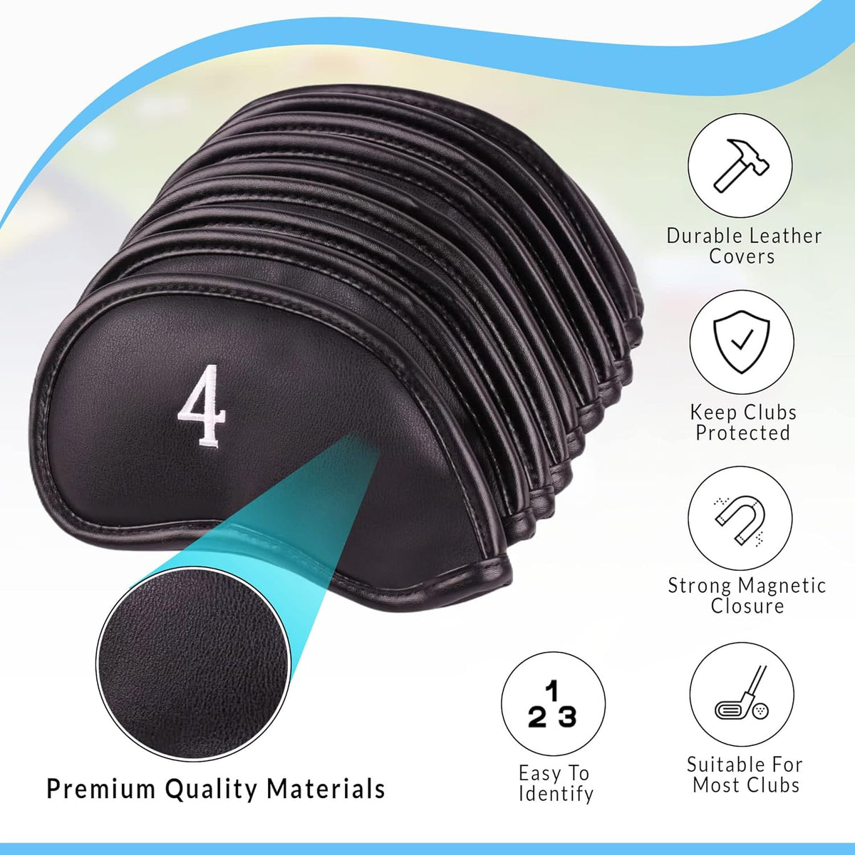 Premium Magnetic Leather Iron and Wedge Golf Club Head Covers | Set of 10 | Fits Most Clubs |