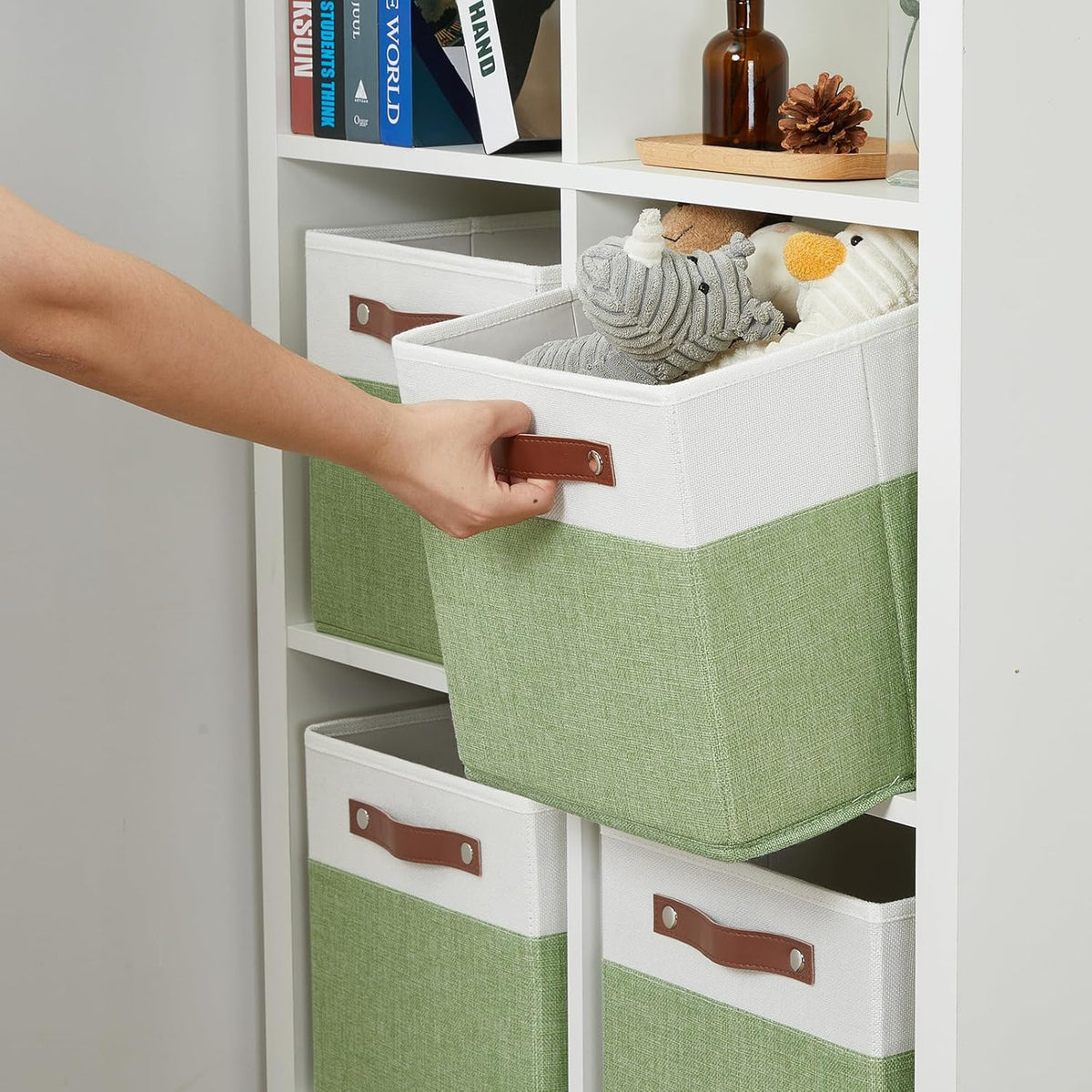 DULLEMELO 11x11 Cube Fabric Organizer Storage Bins for Shelf, Toy Square Green Bins, Kids Clothes