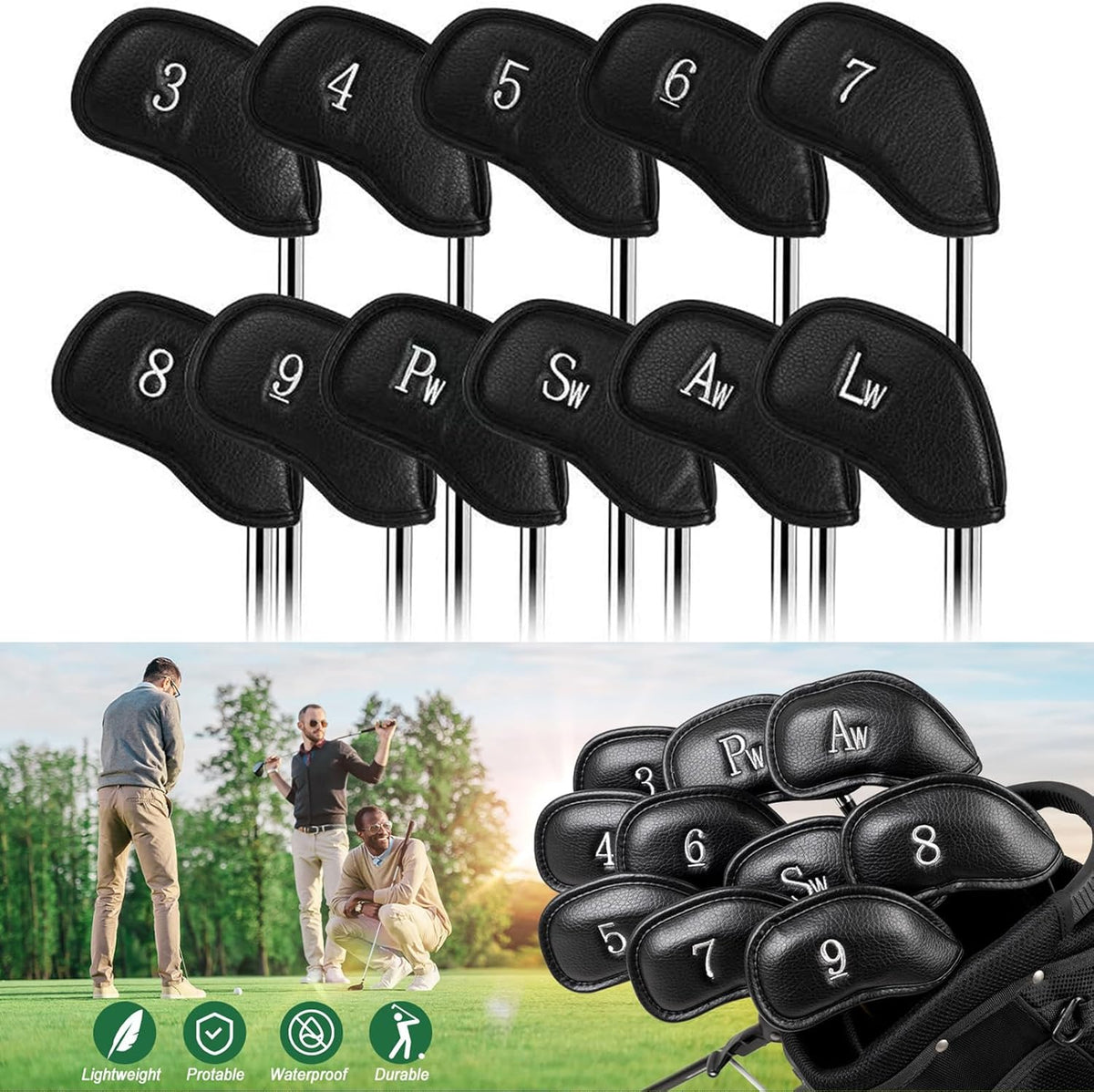 Golf Iron Head Covers (12-Pack) Synthetic Leather Waterproof Club Head Covers for Standard Irons