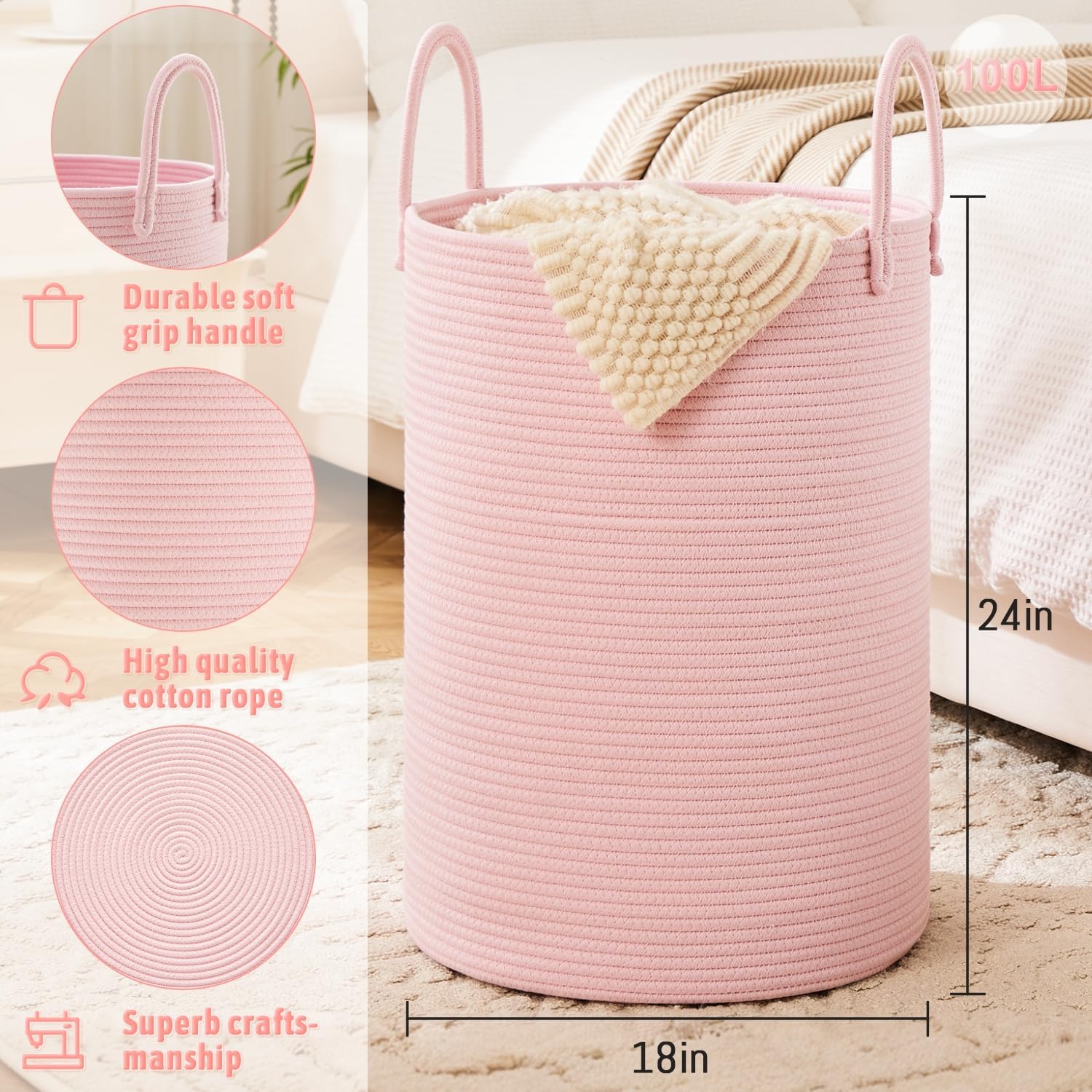 Laundry Basket,Woven Cotton Rope Laundry Hamper,100L for Decorative Storage of Dirty Clothes,Toys