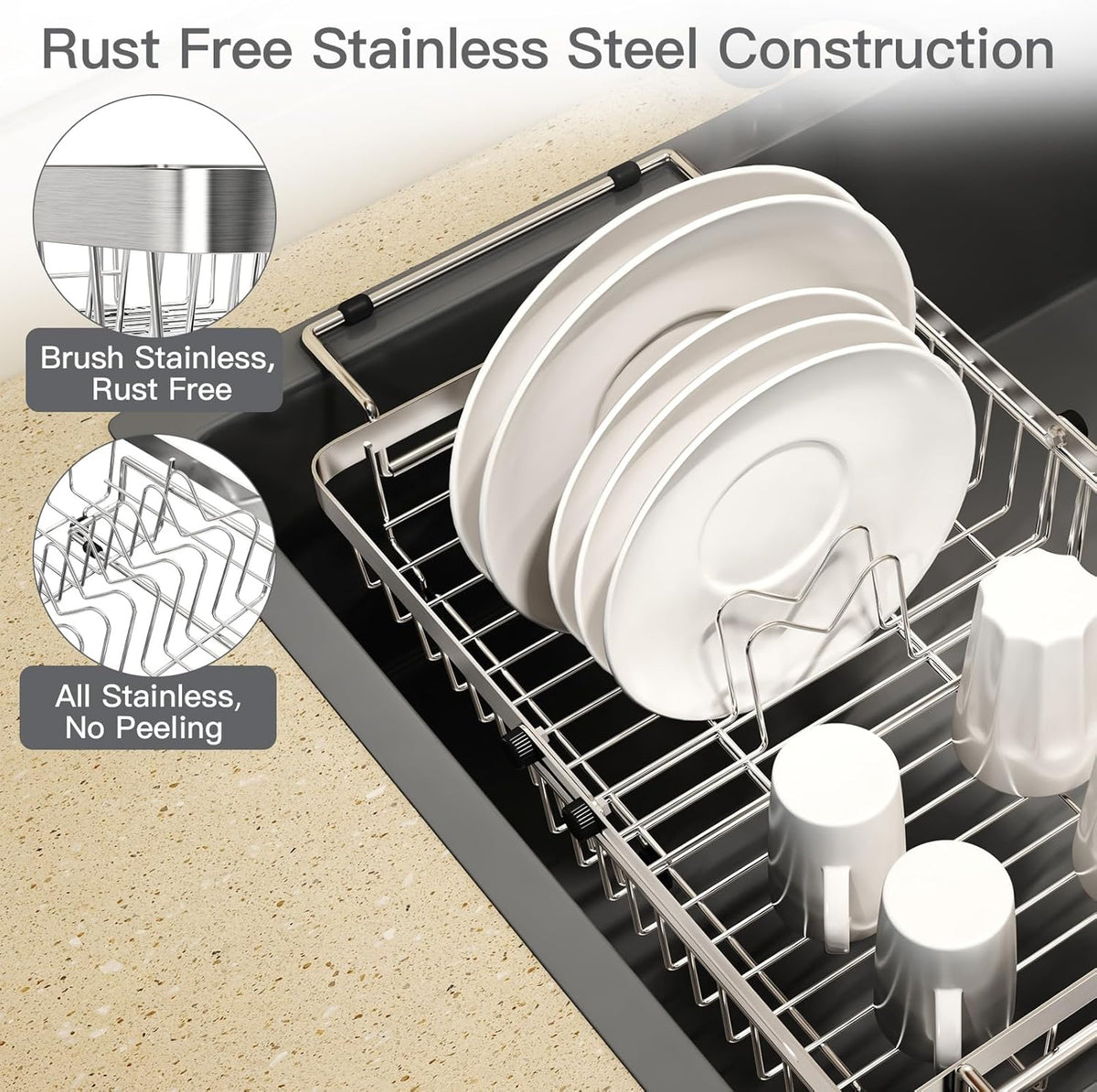 Small Expandable Over The Sink Dish Drainer Drying Rack in Stainless Steel Metal for Kitchen