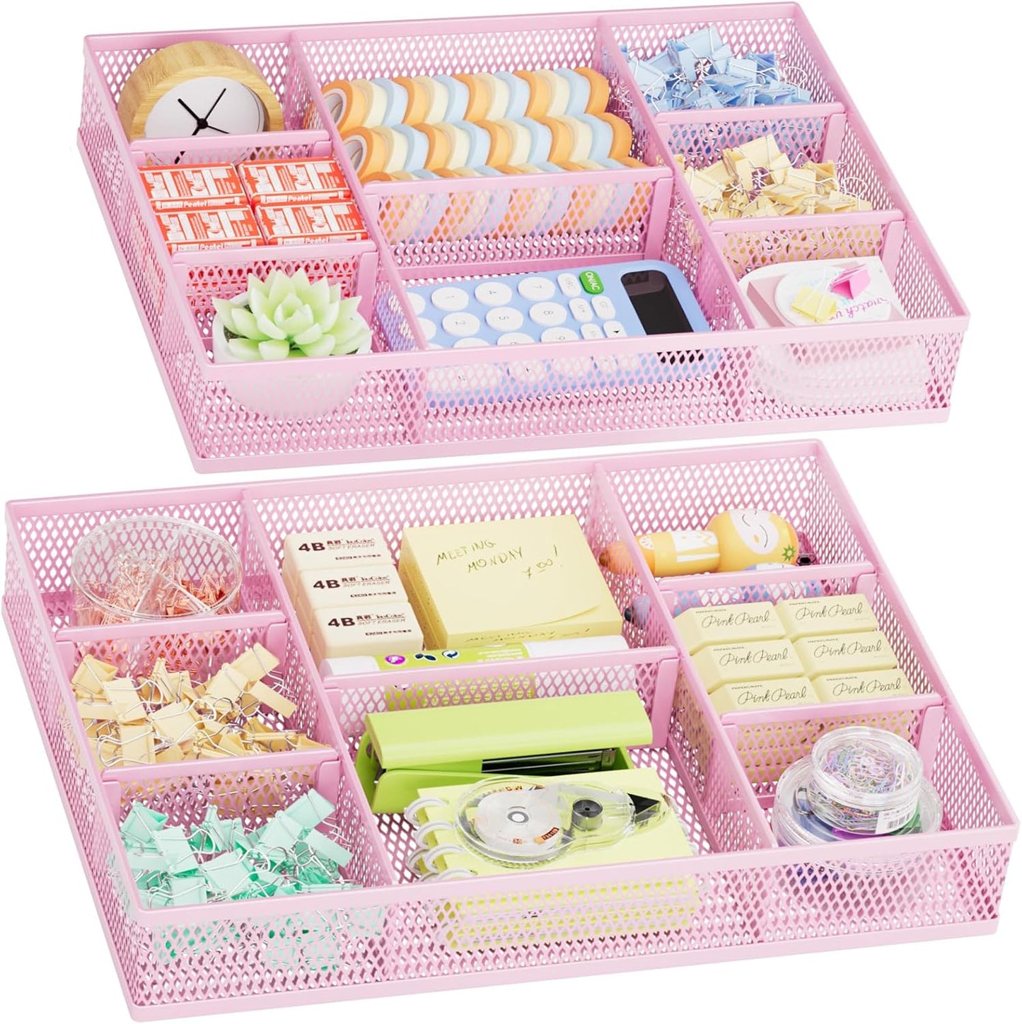 Marbrasse 2 Pack Desk Drawer Organizer, Mesh Drawer Organizer Tray with 8 Adjustable Compartments