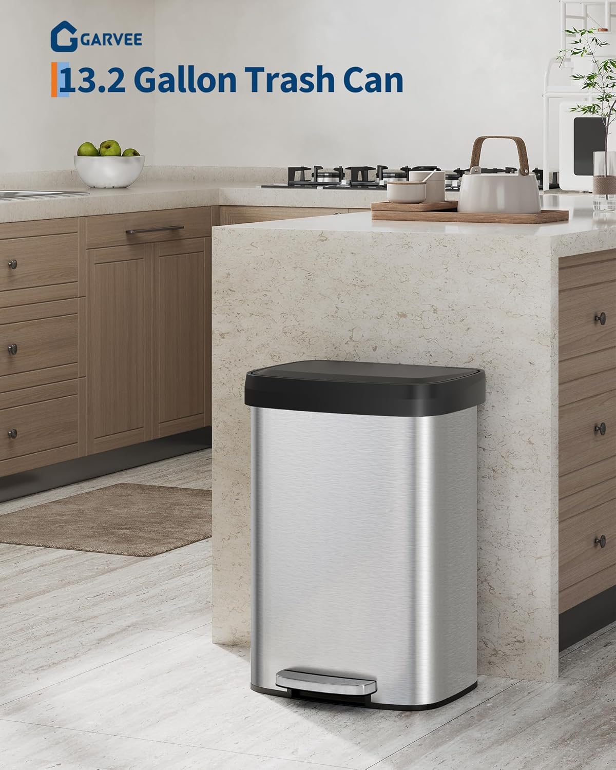 Garvee 13 Gallon / 50 L Stainless Steel Trash Can with Lid, Large Garbage Can for Kitchen