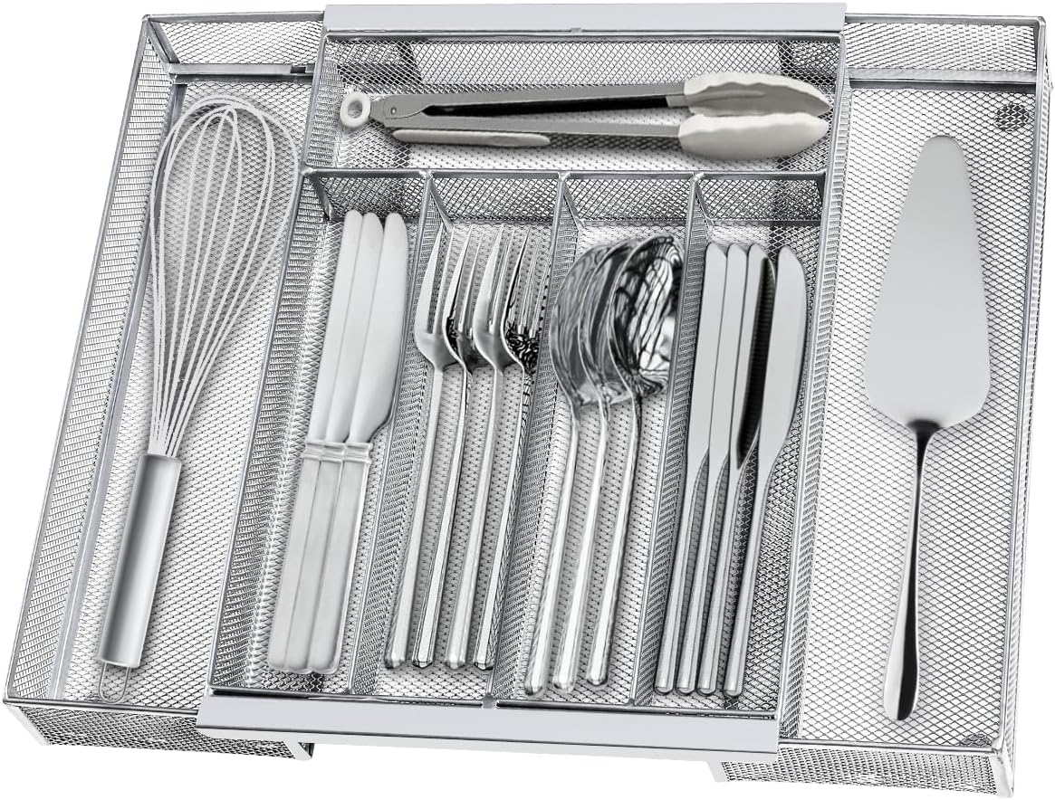 Silverware Organizer Metal Mesh, Drawer Organizer, Utensil Cutlery Tray Expandable Flatware