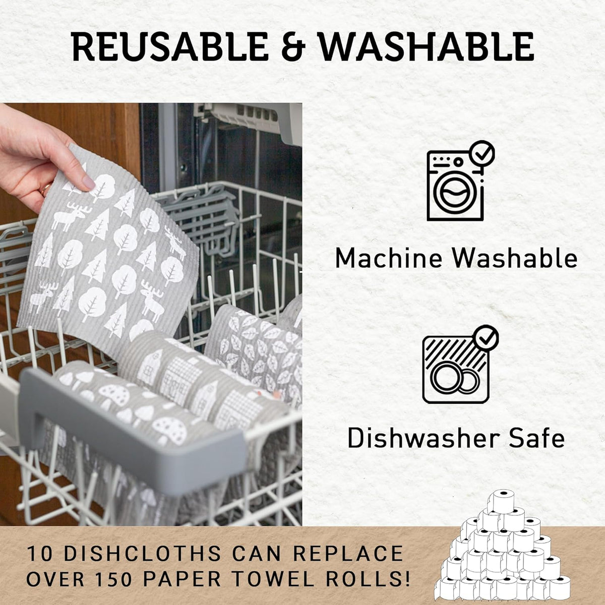Nordhus Design Swedish Dishcloths,10 Grey Cloths, Made in Sweden - Reusable, Washable Cellulose