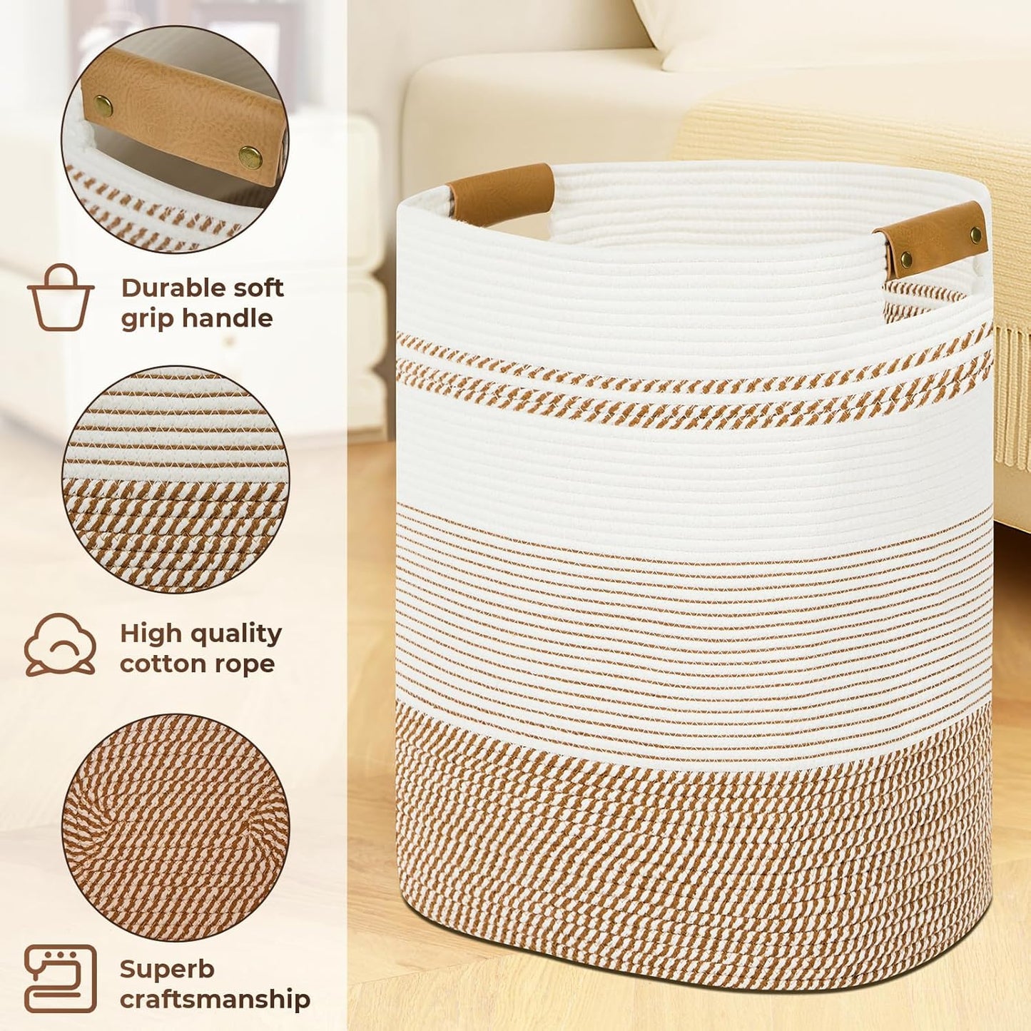 Laundry Basket with Handles - Blanket Basket & Hampers for Bedroom Aesthetic, Laundry Hamper &