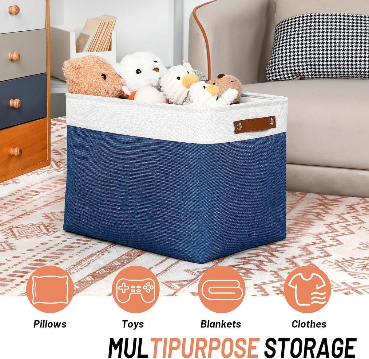 DULLEMELO Large Storage Baskets with Leather Handles for Linen Closet and Home Office, Decorative