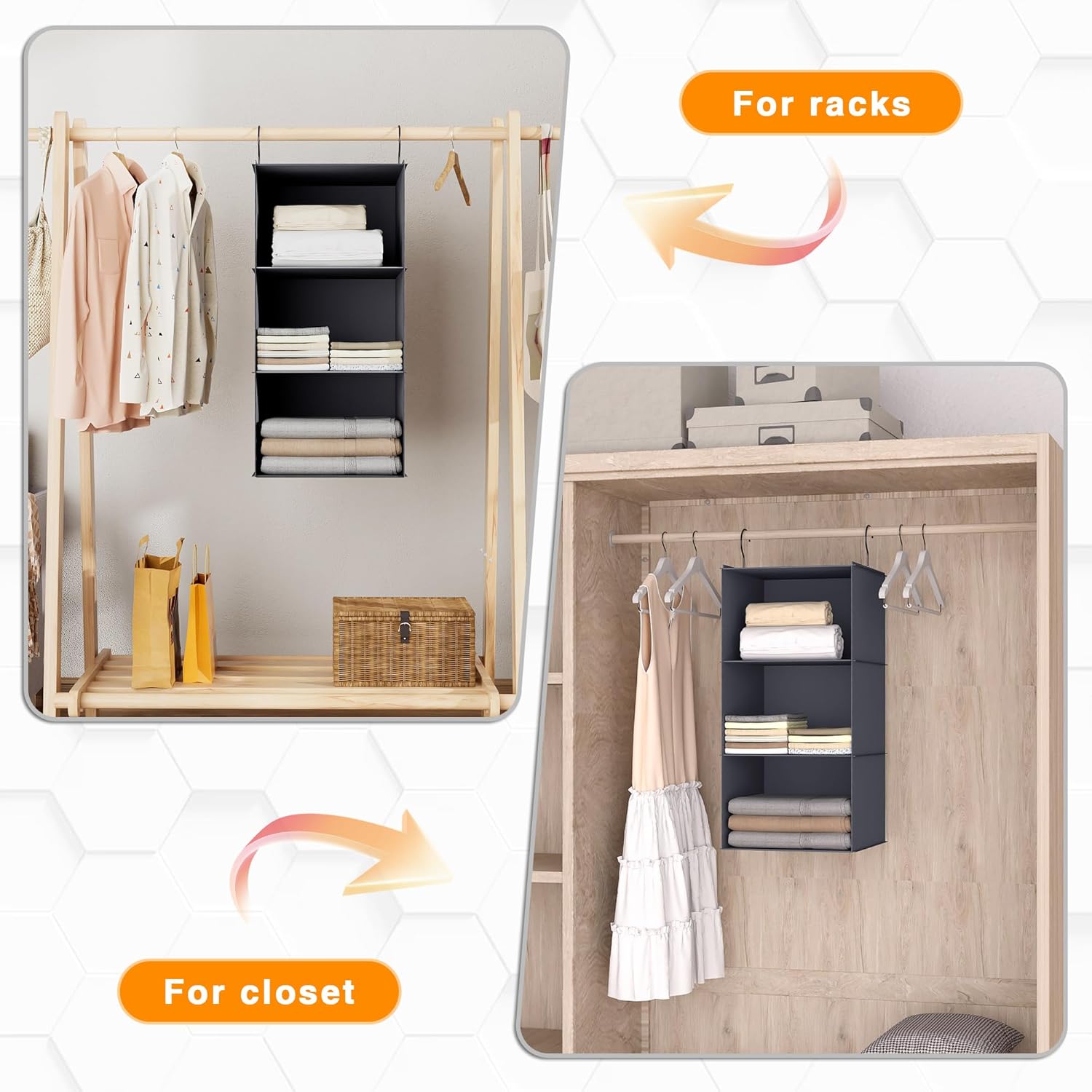 Hanging Closet Organizer and Storage 3-Shelf, Easy Mount Foldable Hanging Closet Wardrobe Storage