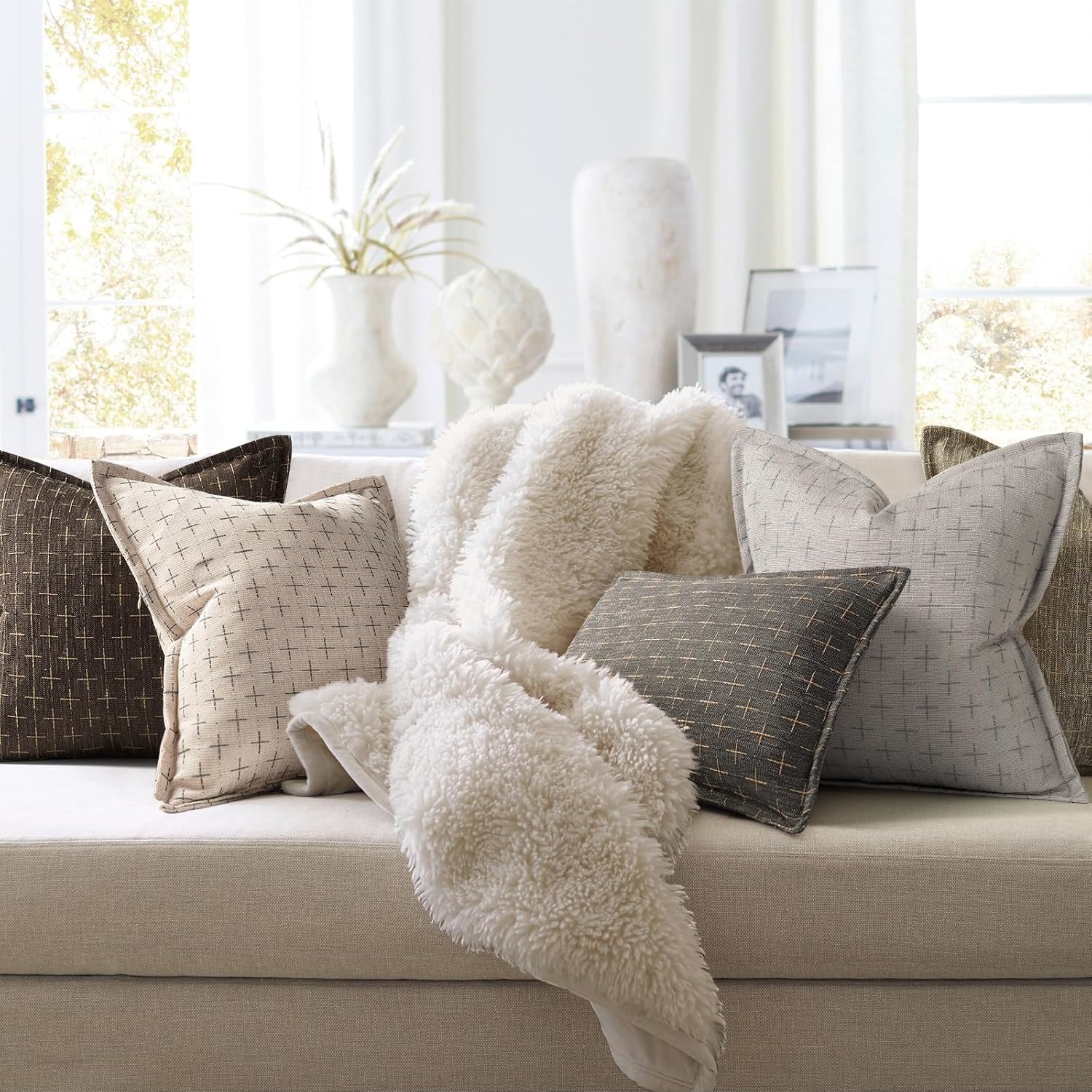 ZWJD Pillow Covers 22x22 Set of 2 Soft Polyester Textured Pillow Covers with Stylish Flange Edge