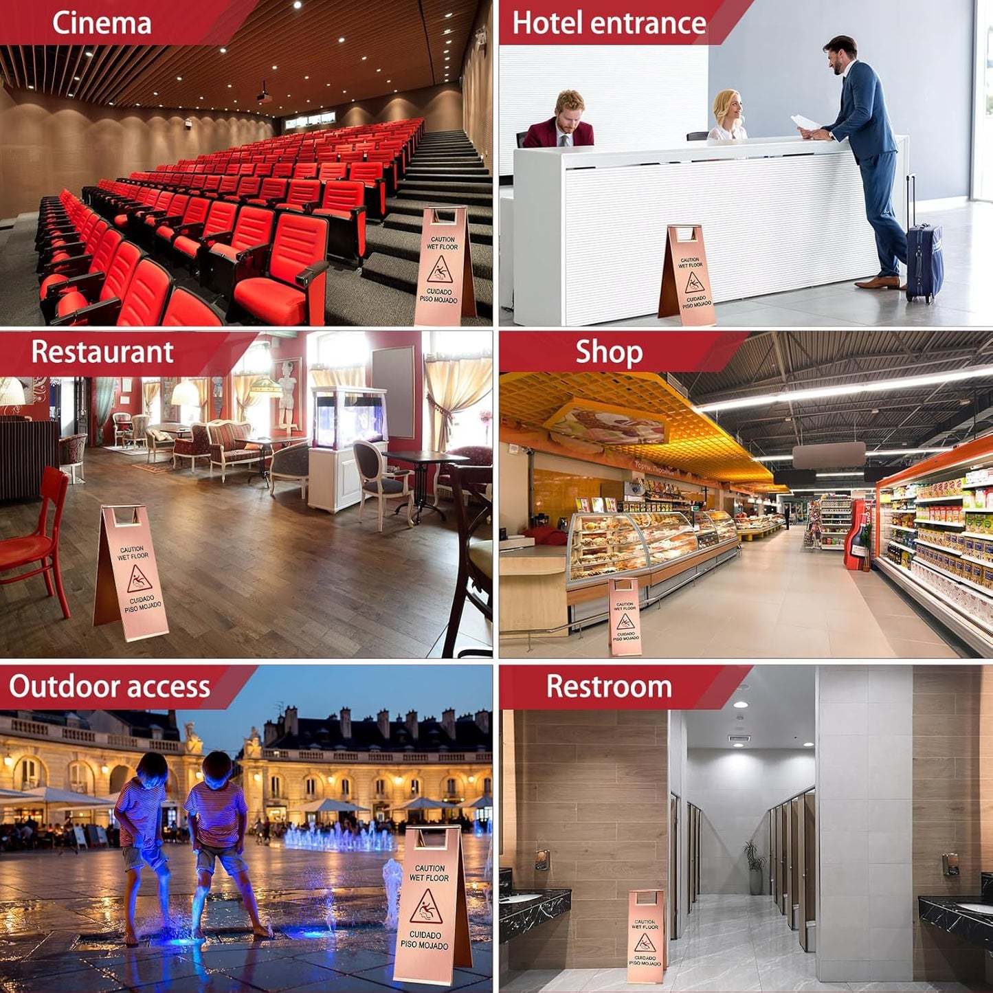 Kigley 2 Pcs Wet Floor Sign, 24 Inch Stainless Steel Caution Wet Floor Sign Double Sided Portable