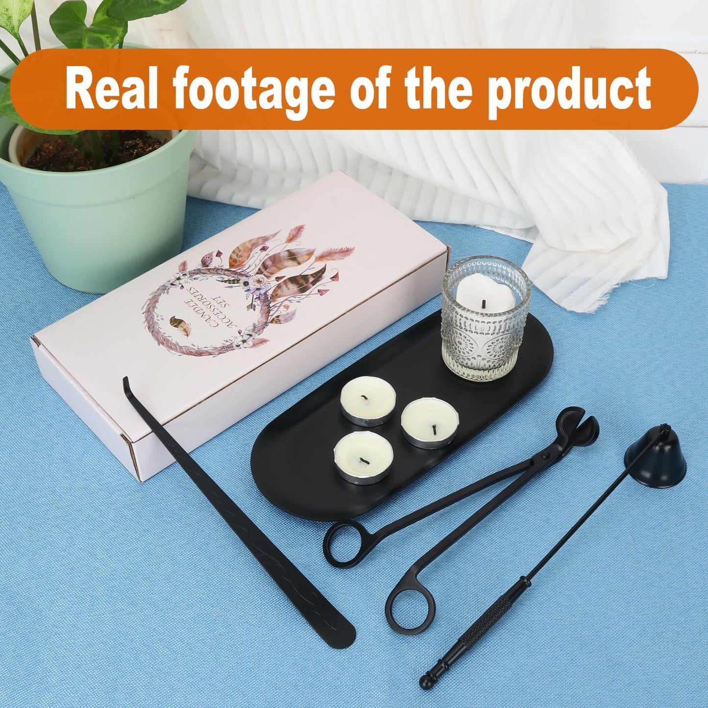 4 in 1 Candle Accessory Set with Storage Tray Plate, Premium Candle Wick Trimmer, Candle Snuffer