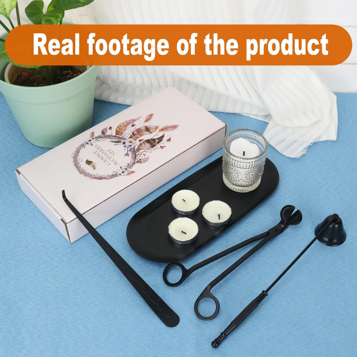 4 in 1 Candle Accessory Set with Storage Tray Plate, Premium Candle Wick Trimmer, Candle Snuffer