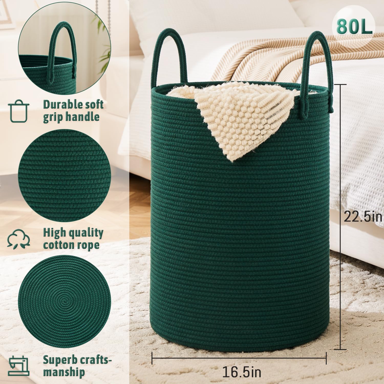Laundry Basket,Woven Cotton Rope Laundry Hamper,80L for Decorative Storage of Dirty Clothes,Toys