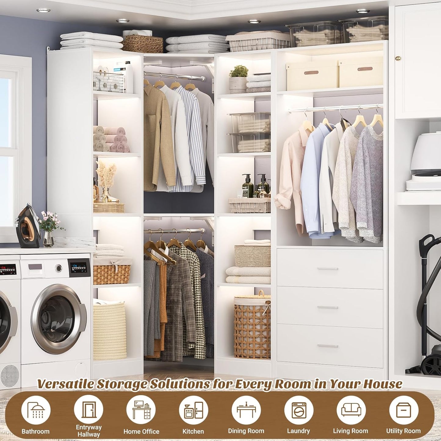 Corner Closet System with 3 Drawers, Corner Closet Organizer System with 13 Shelves & 3 Hanging