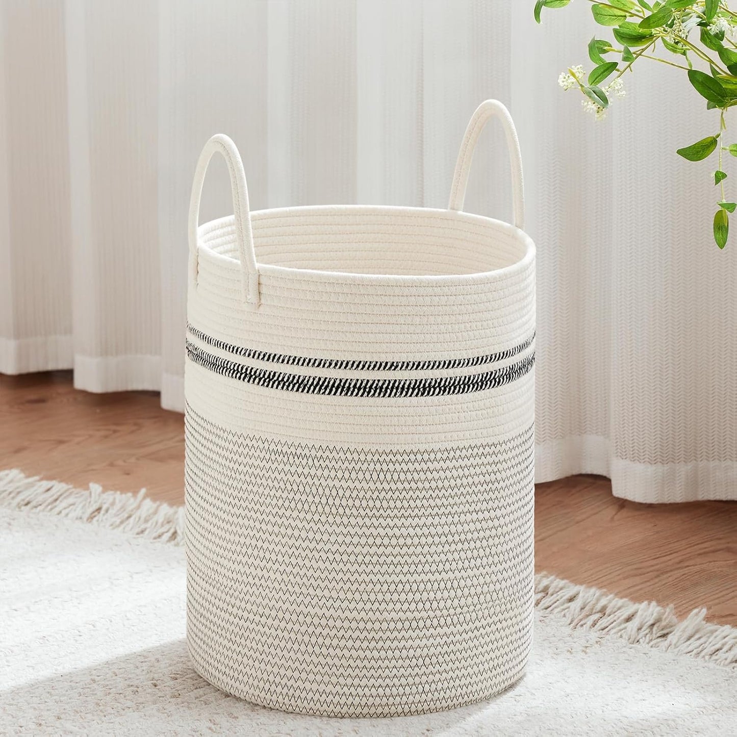 VIPOSCO Large Laundry Hamper, Tall Woven Rope Storage Basket for Blanket, Toys, Dirty Clothes in