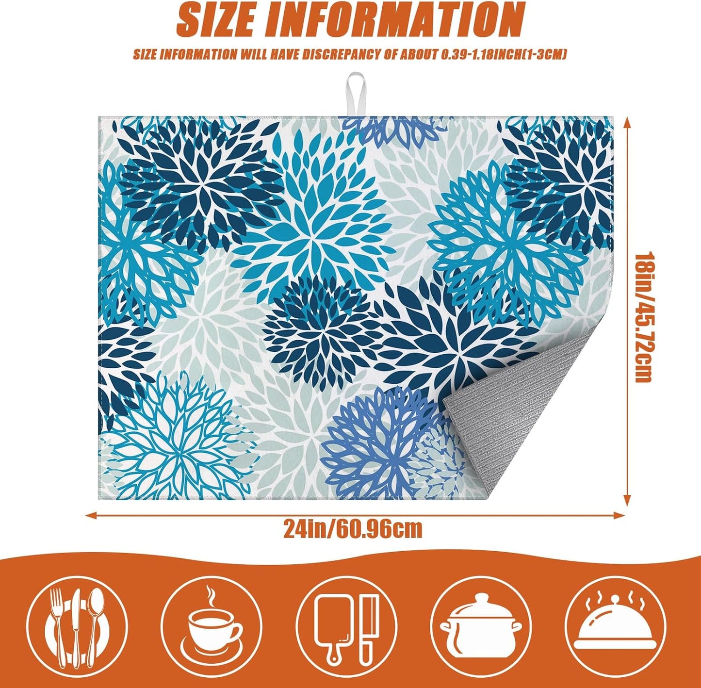 Blue Floral Dish Drying Mat for Kitchen Counter Microfiber Absorbent Dish Kitchen Drying Mat