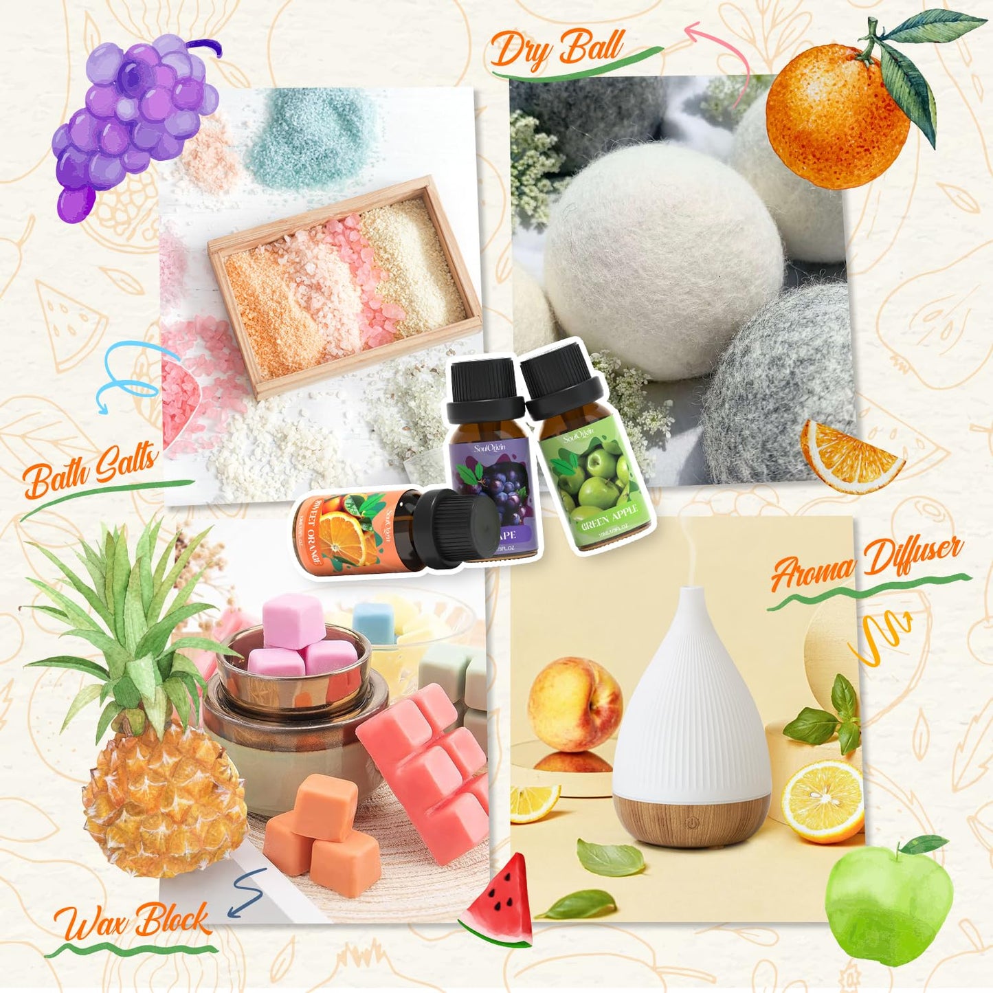 Fruit Essential Oils Set, Fragrance Oil Set for Diffuser, Scent Diffuser Oil for Candle Making