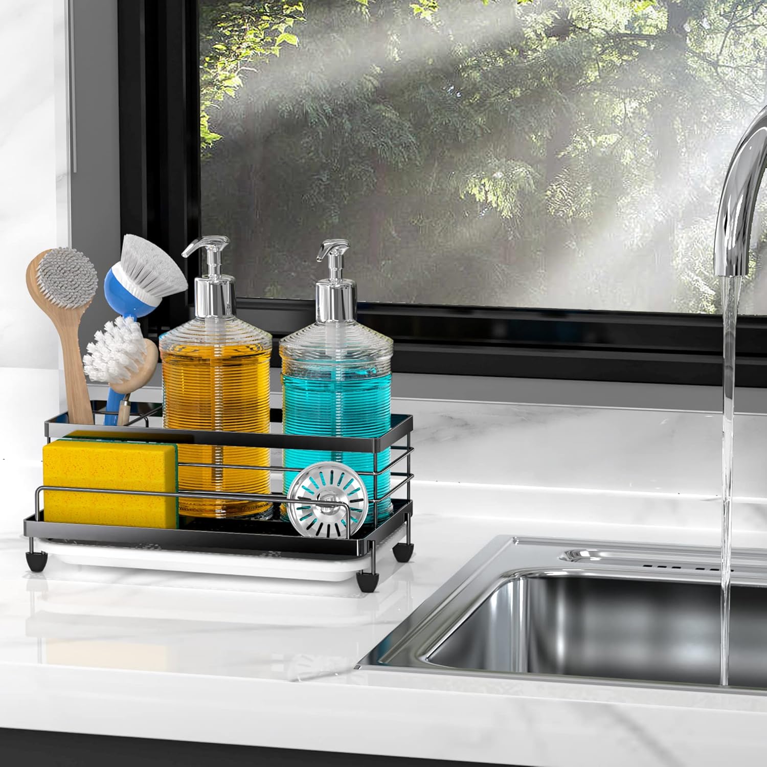 Cisily Large Black Sponge Holder for Kitchen, Sink Caddy Sink Organizer Rack for Kitchen