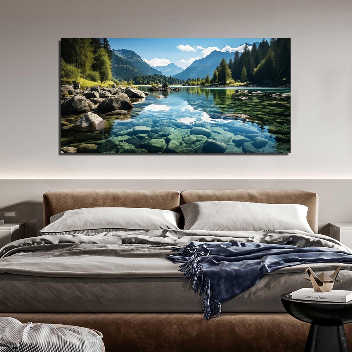 GUGIKA Landscape Wall Art for Living Room, Mountain and Lake Wall-Decor for Bedroom, Natural